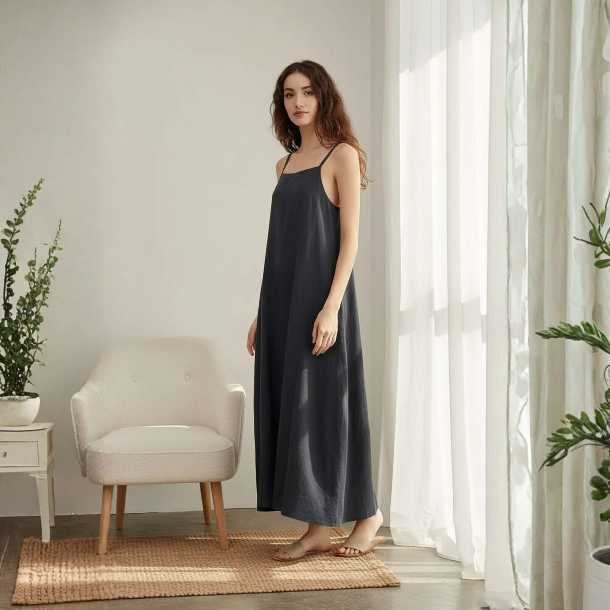 Open Back Linen Maxi Dress, Camisole Maxi Dress