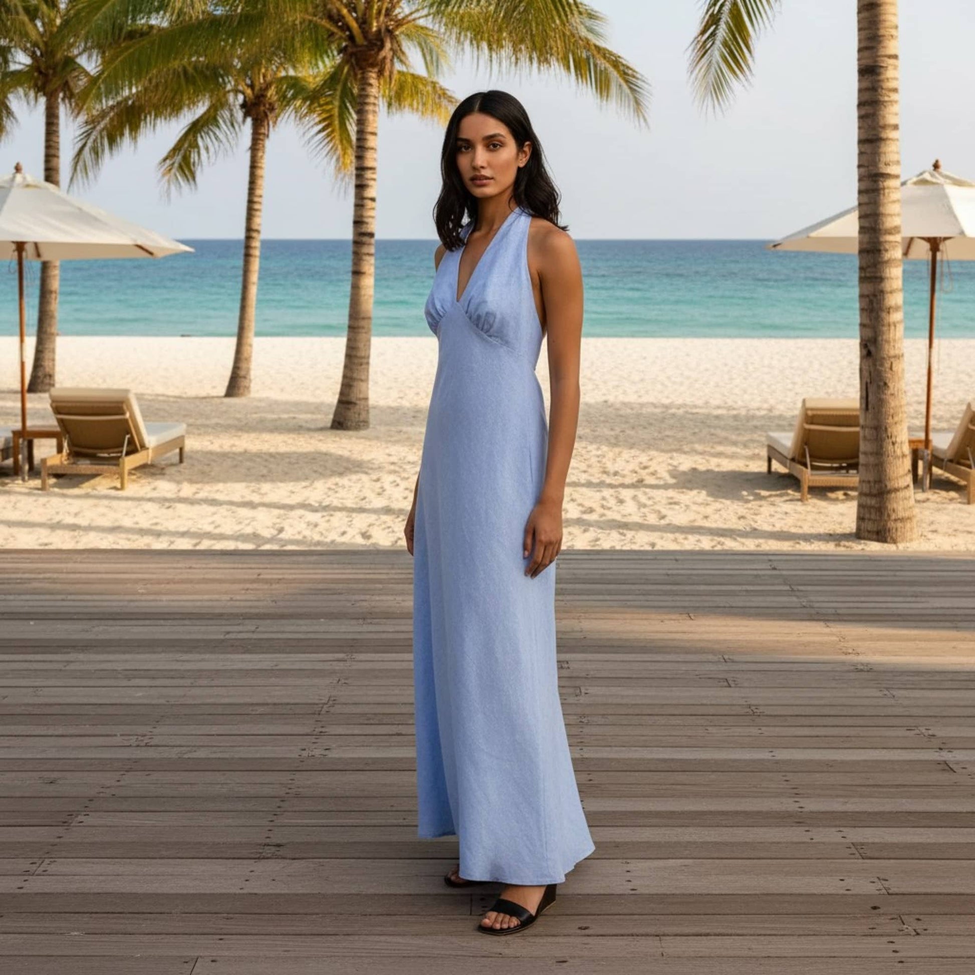 Open Back Linen Maxi Dress, Halter Summer Linen Dress