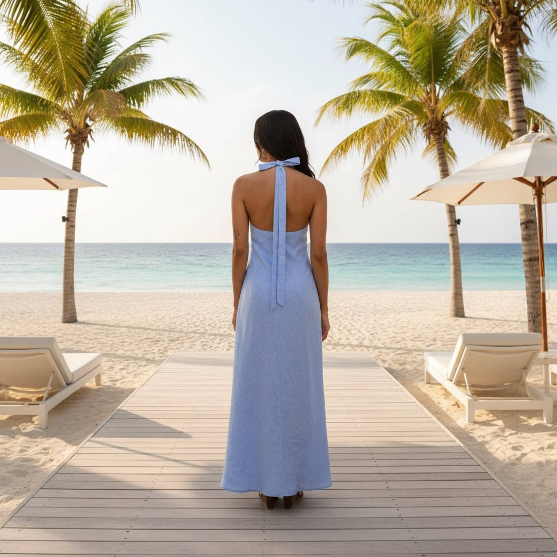 Open Back Linen Maxi Dress, Halter Summer Linen Dress
