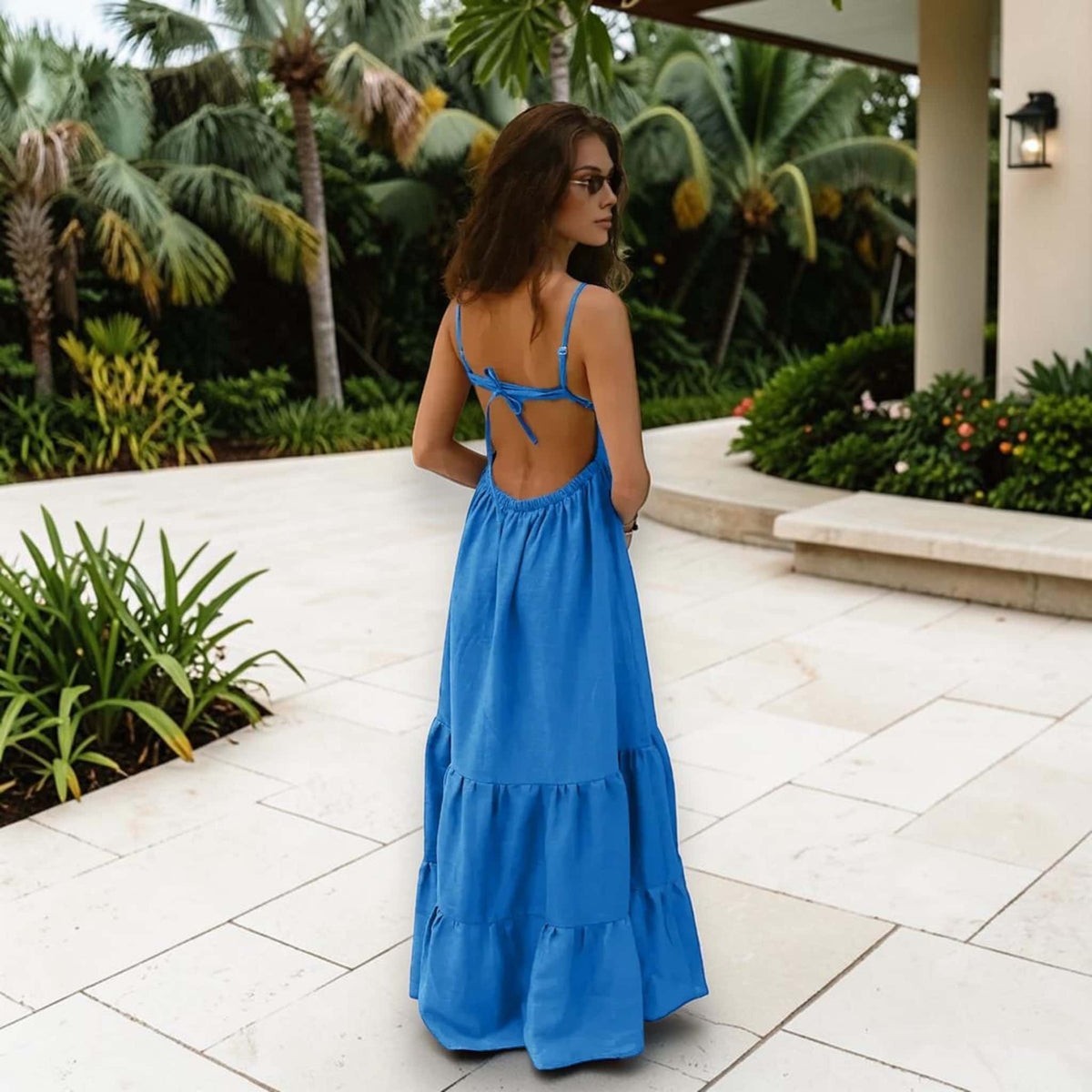Open Back Linen Maxi Dress, Spaghetti Strap Tiered Skirt