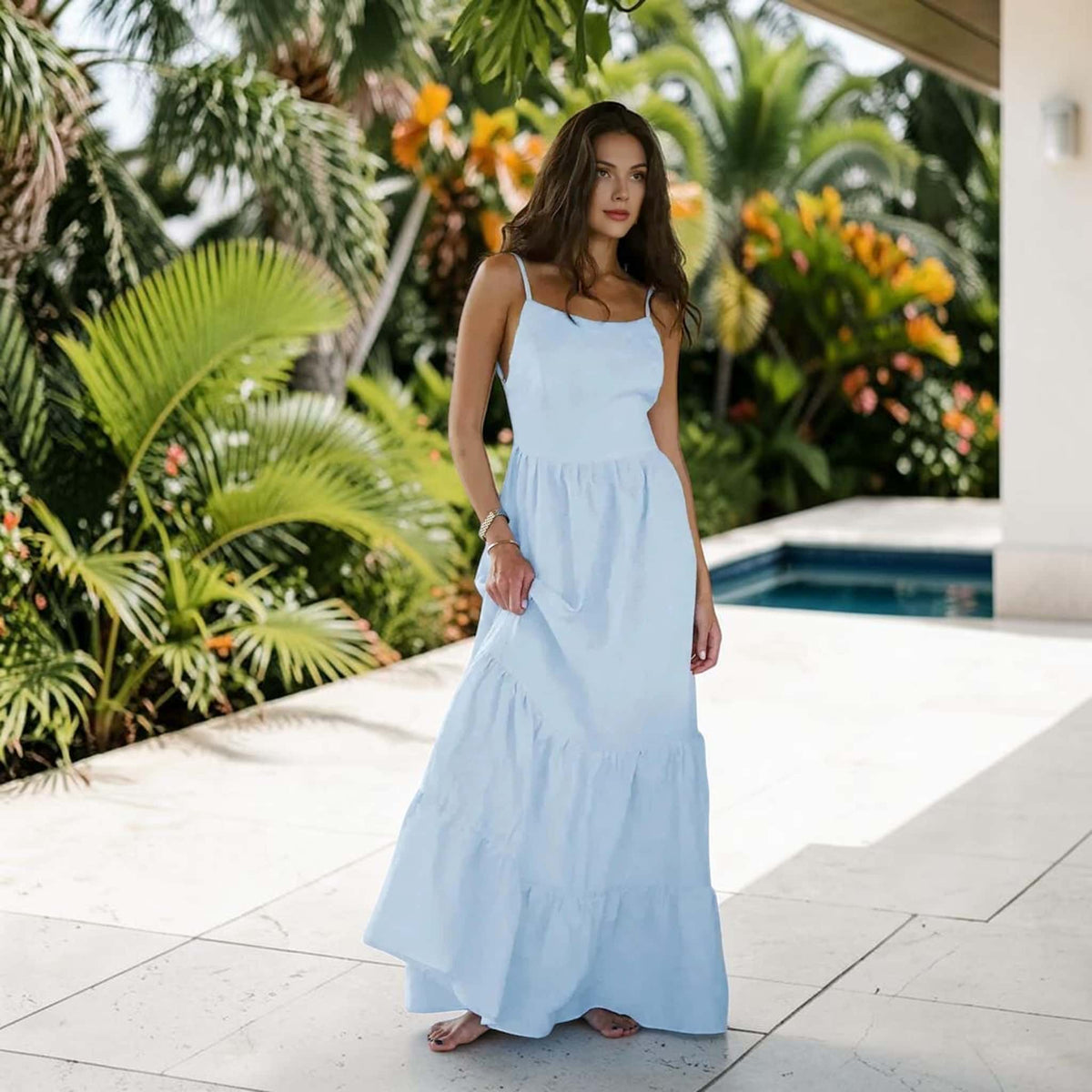 Open Back Linen Maxi Dress, Spaghetti Strap Tiered Skirt