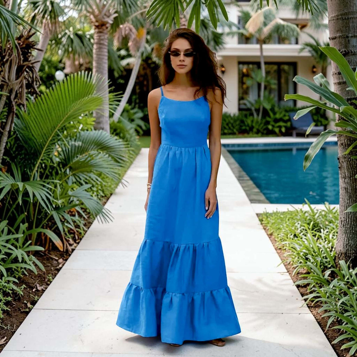 Open Back Linen Maxi Dress, Spaghetti Strap Tiered Skirt