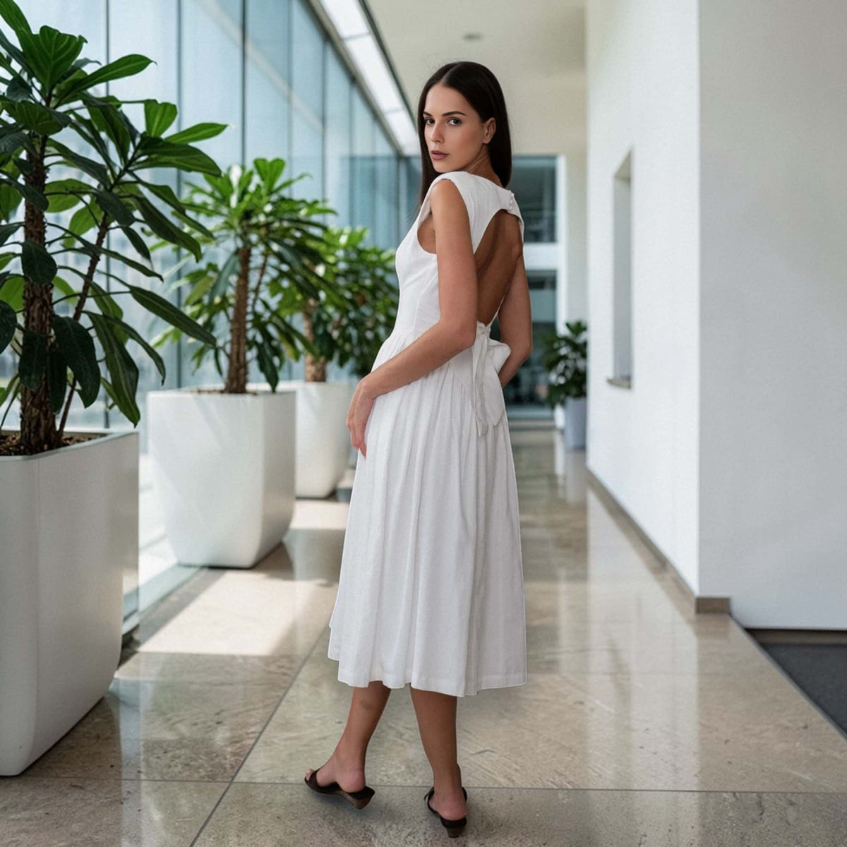 Open Back Linen Midi Dress, Sleeveless Midi Dress