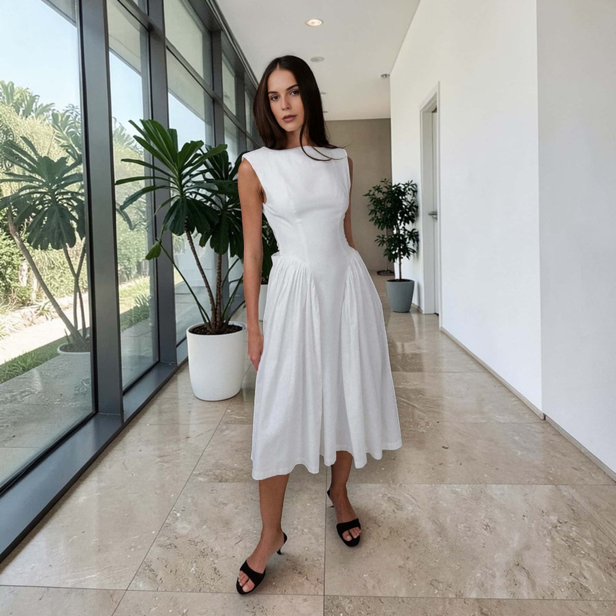 Open Back Linen Midi Dress, Sleeveless Midi Dress