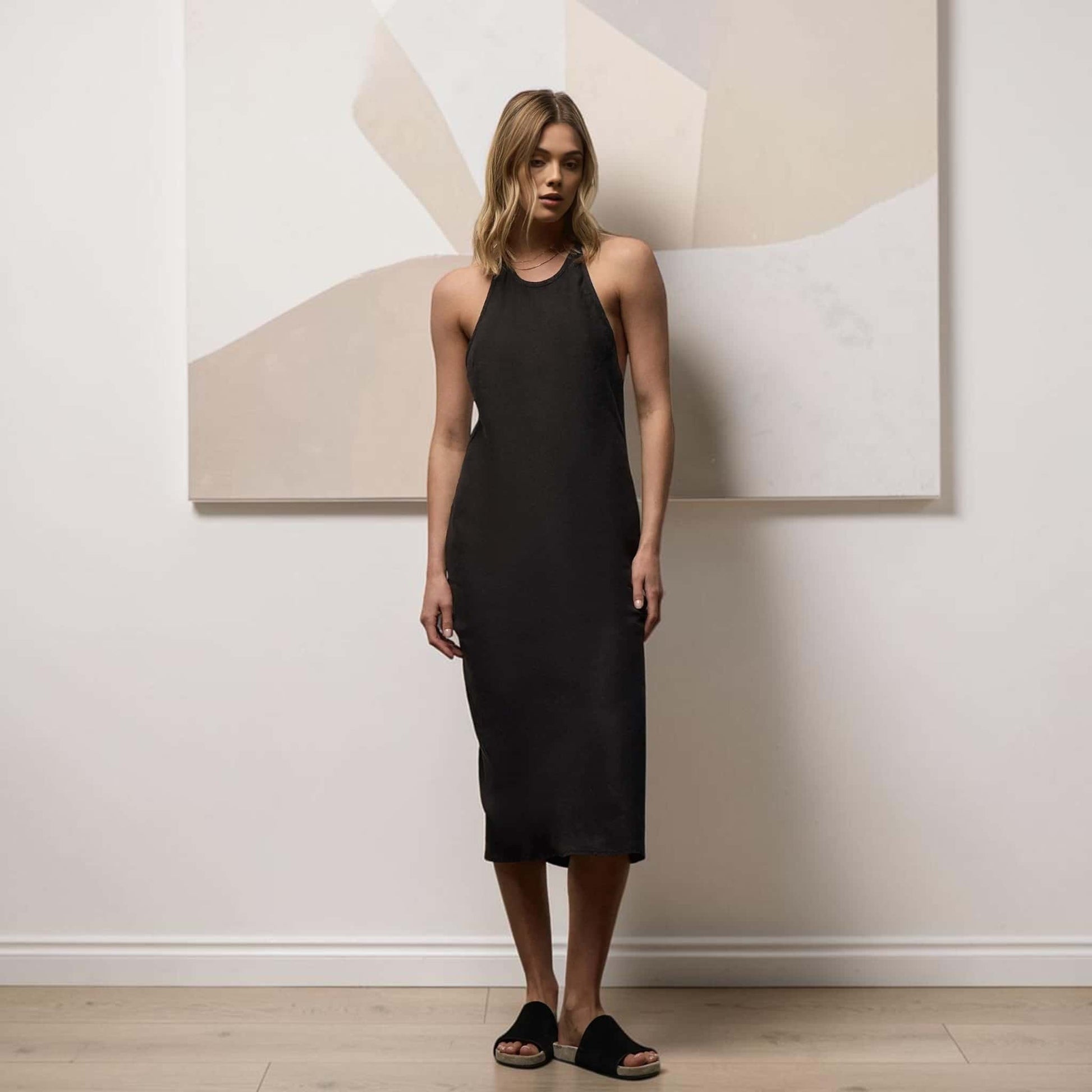 Open Back Linen Midi Dress, Tie-Neck Halter