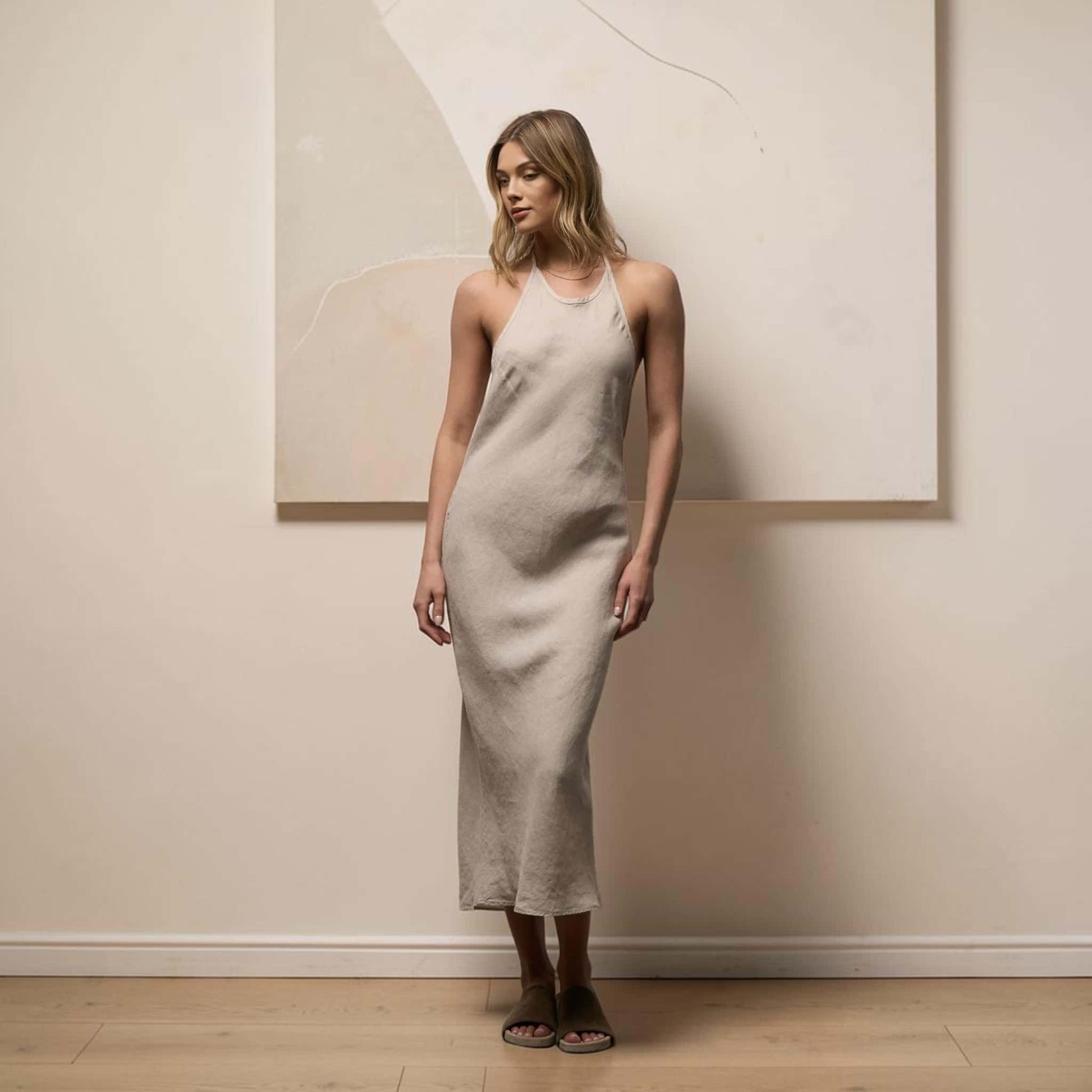 Open Back Linen Midi Dress, Tie-Neck Halter