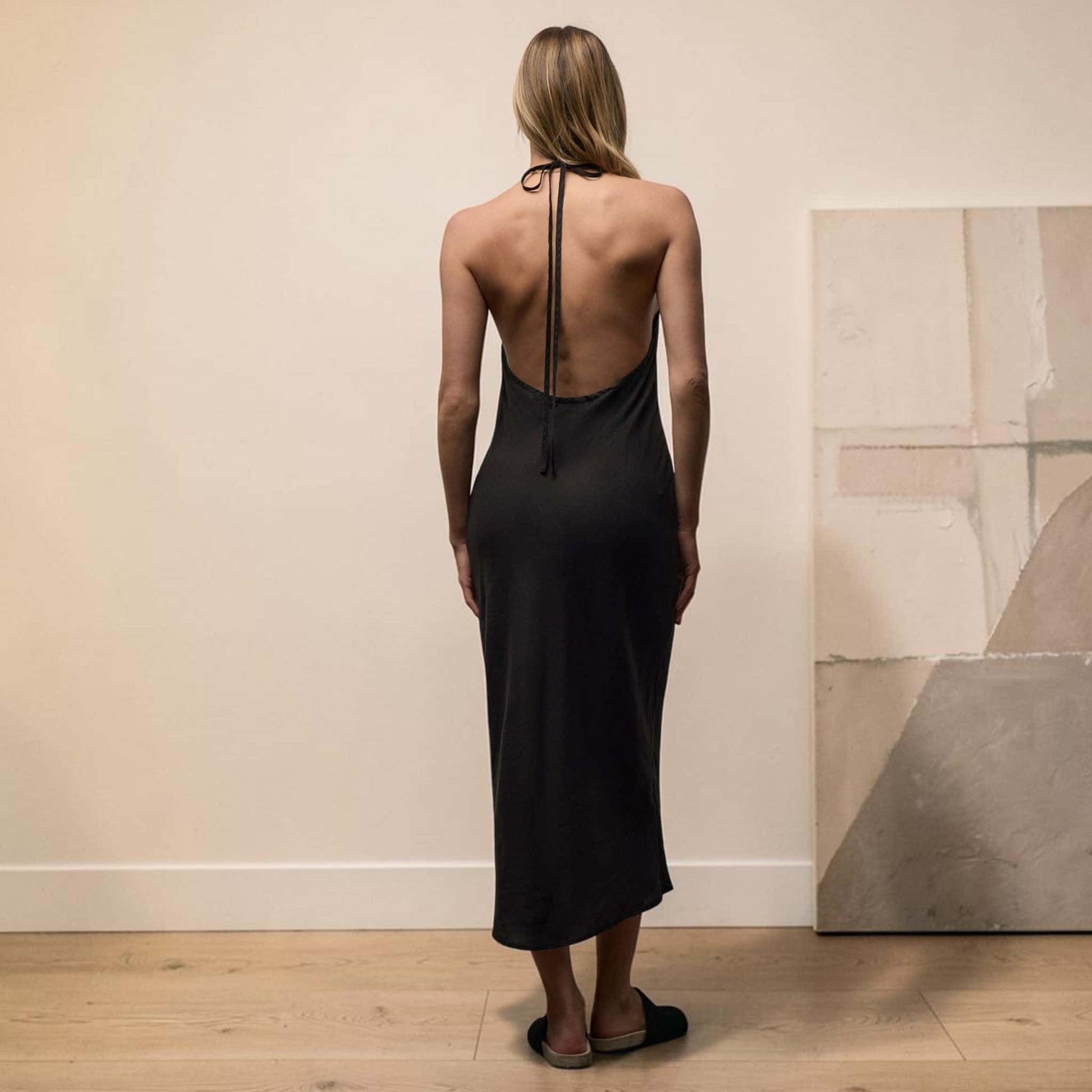 Open Back Linen Midi Dress, Tie-Neck Halter