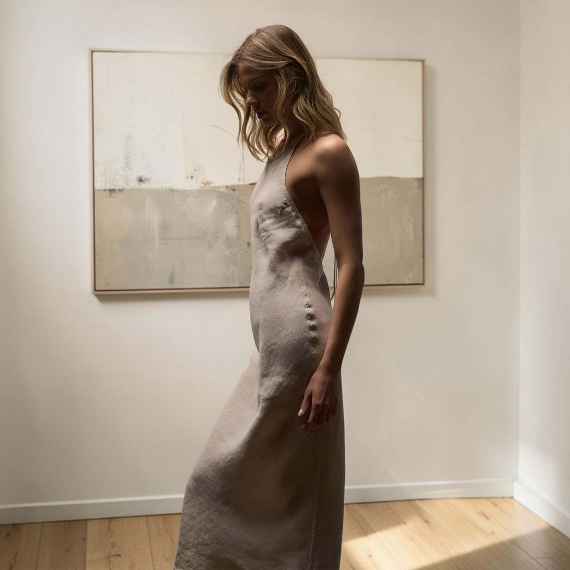 Open Back Linen Midi Dress, Tie-Neck Halter