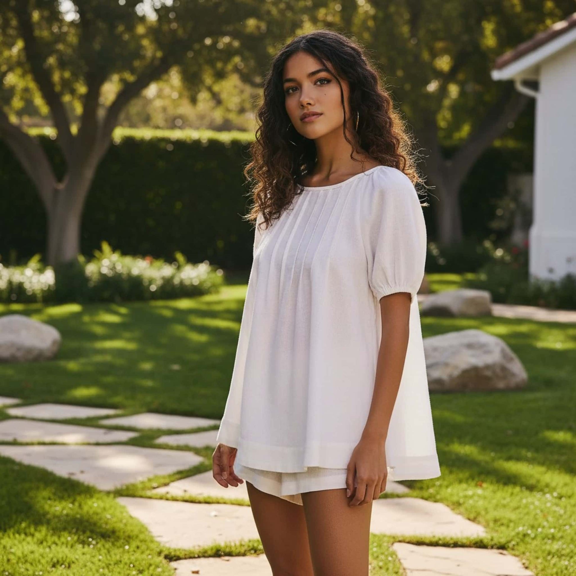 Open Back Linen Top, Puff Sleeve Linen Blouse