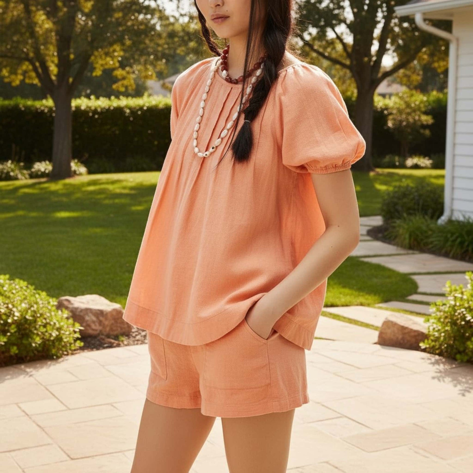 Open Back Linen Top, Puff Sleeve Linen Blouse