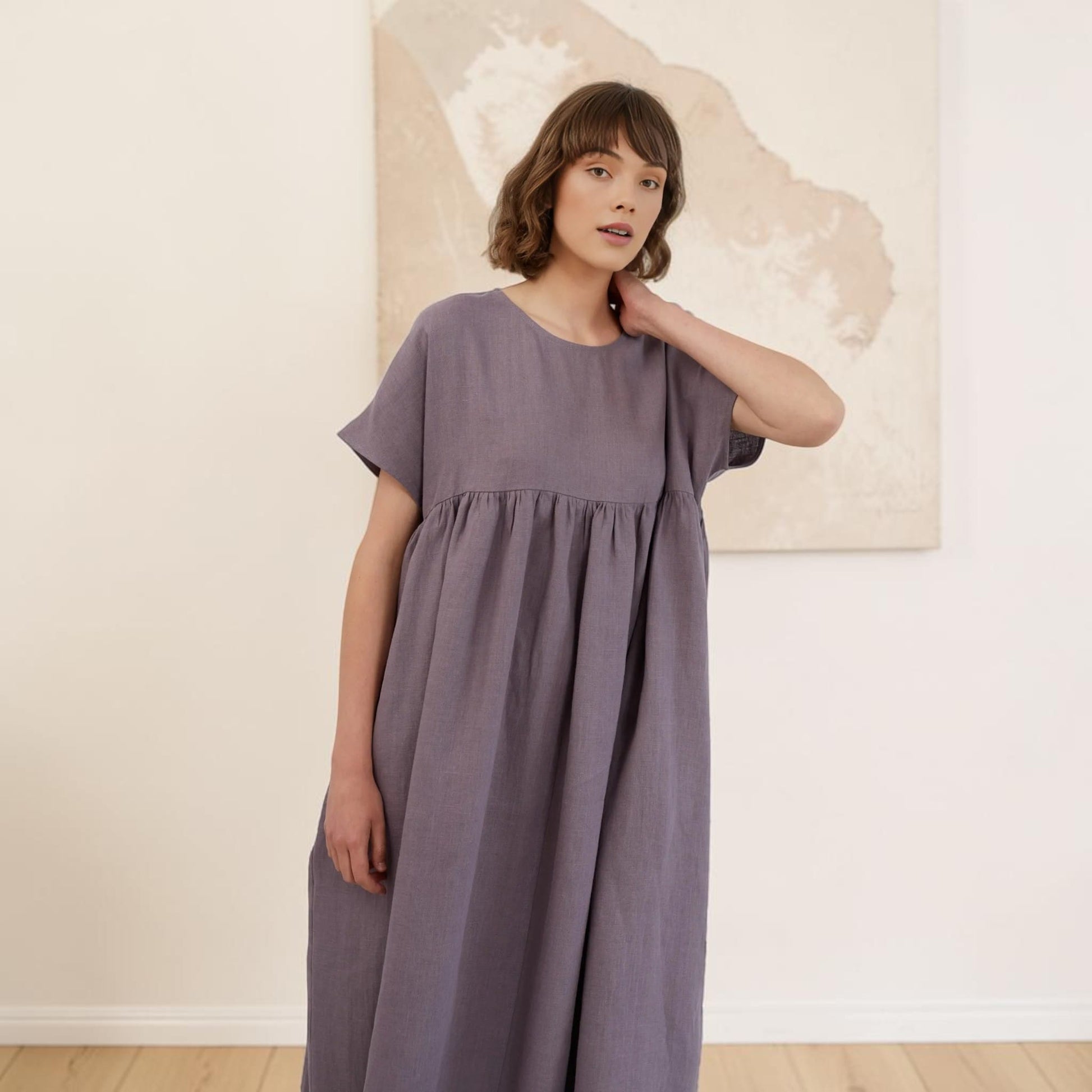 Oversized Linen Midi Dress, Short Sleeve Side Pockets