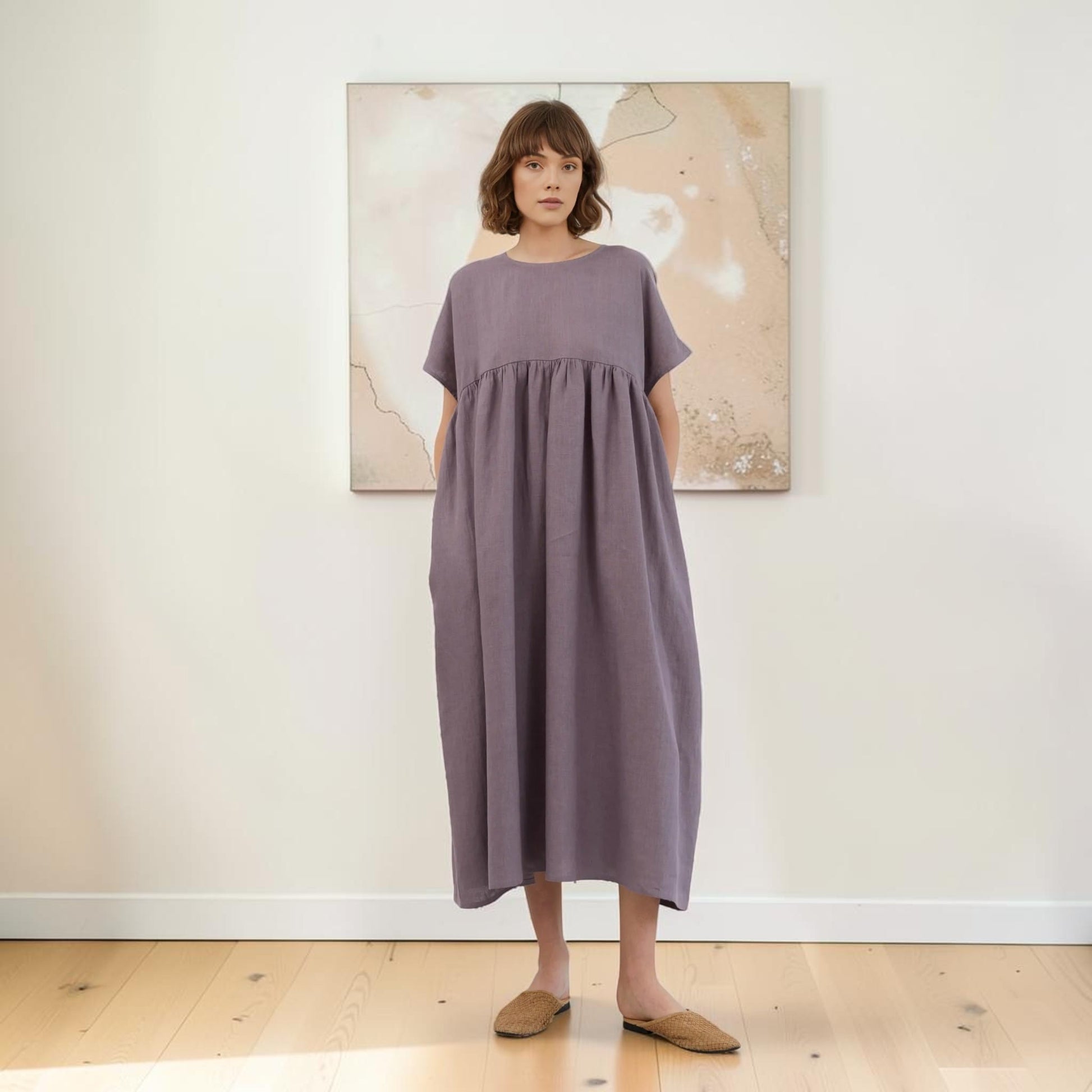 Oversized Linen Midi Dress, Short Sleeve Side Pockets