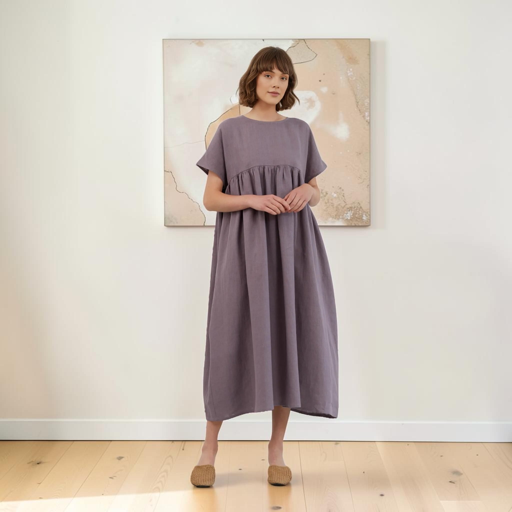 Oversized Linen Midi Dress, Short Sleeve Side Pockets