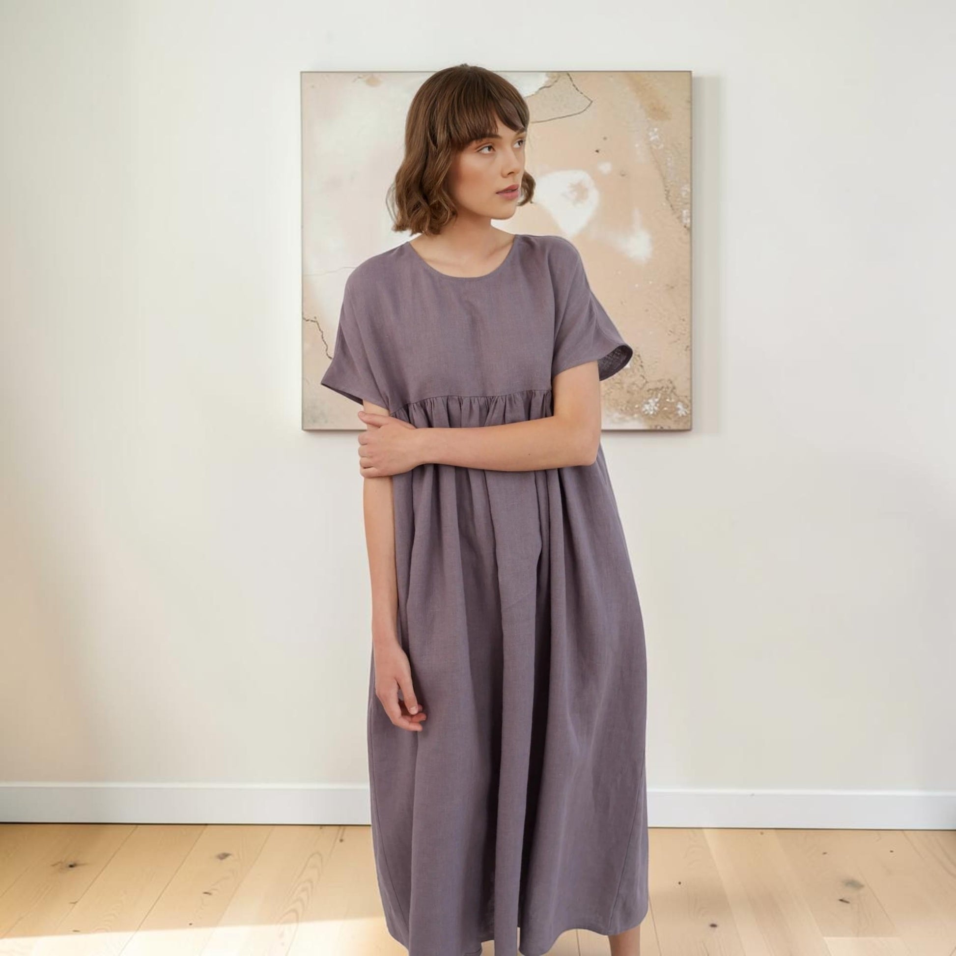 Oversized Linen Midi Dress, Short Sleeve Side Pockets