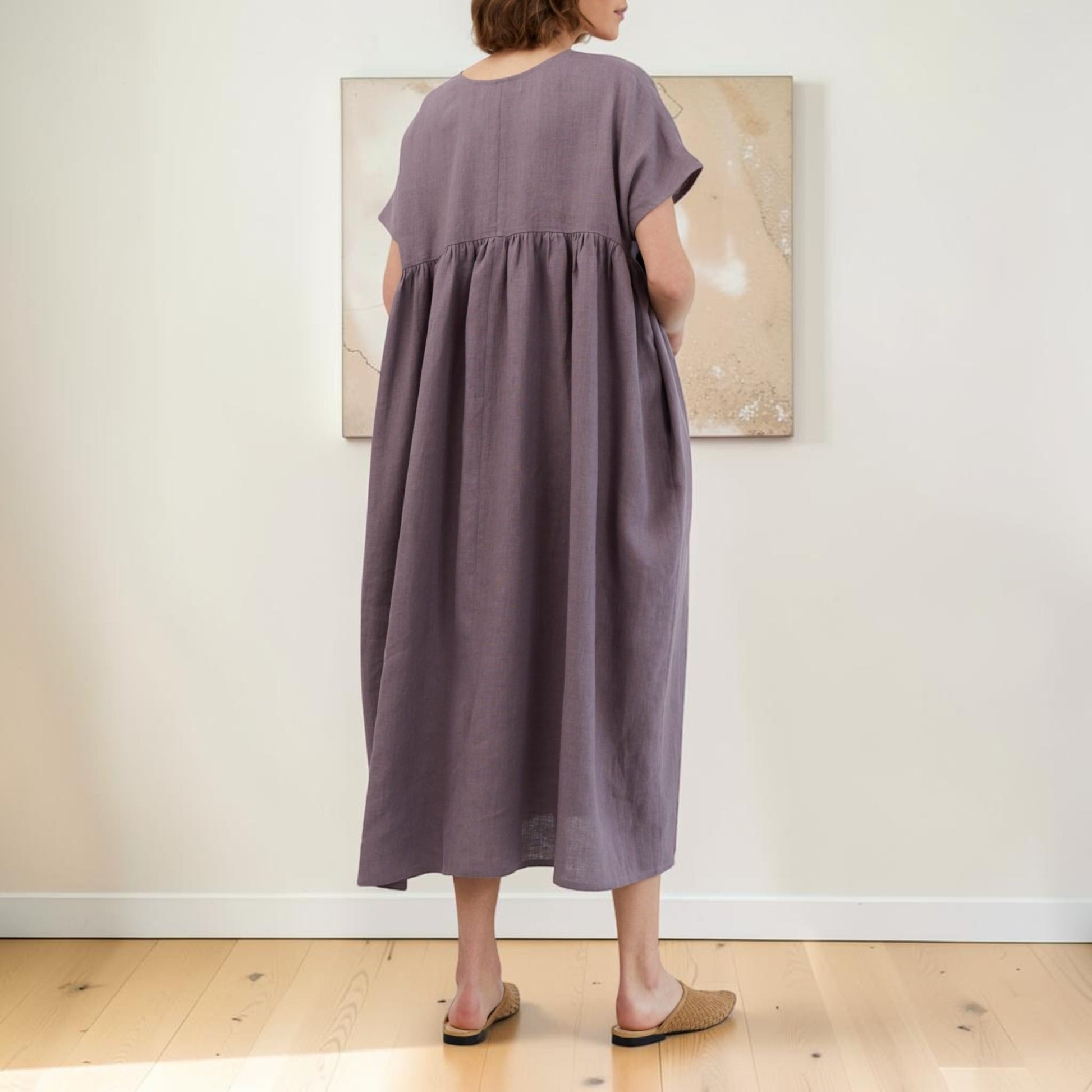 Oversized Linen Midi Dress, Short Sleeve Side Pockets