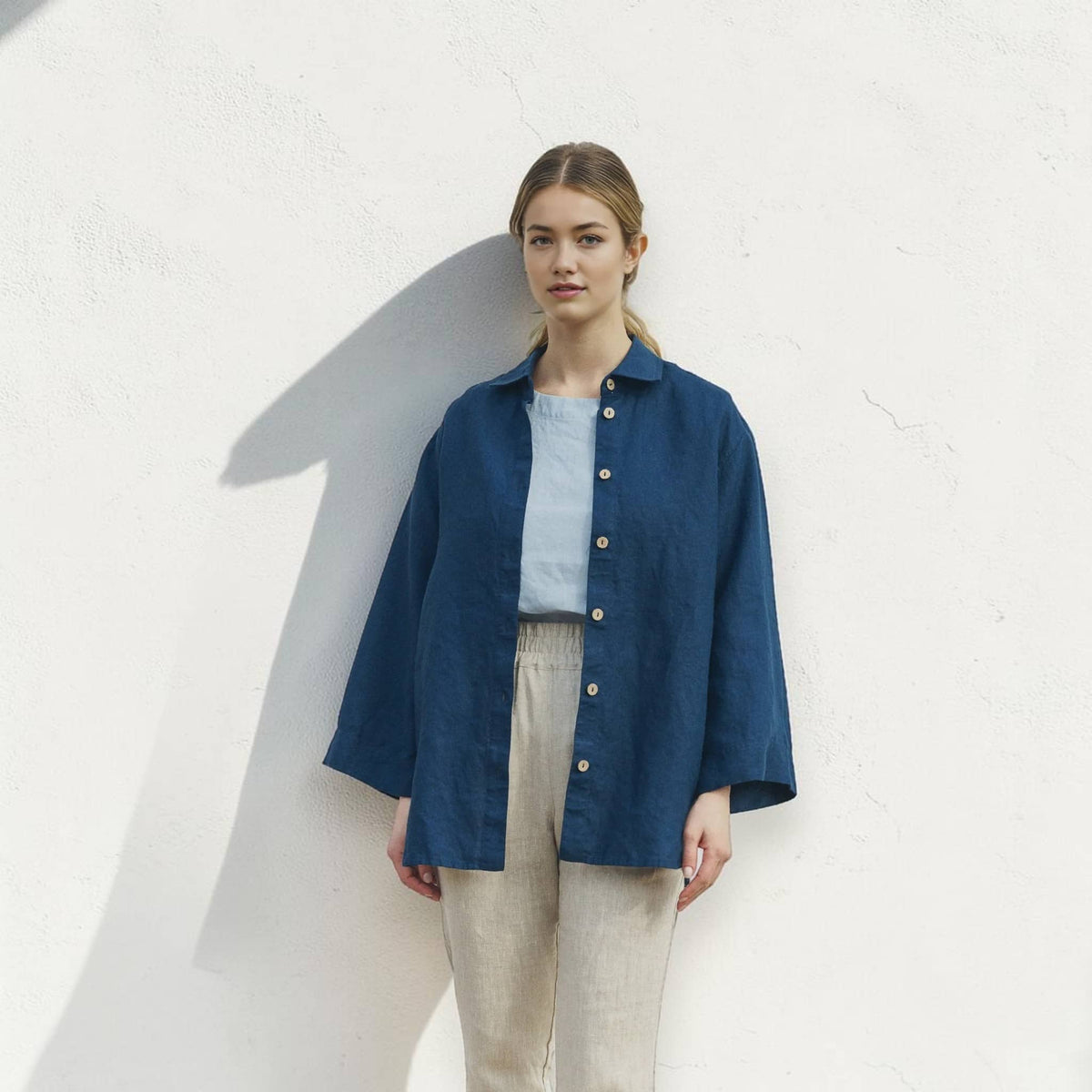 Oversized Linen Shirt, Button Front Wide Sleeve