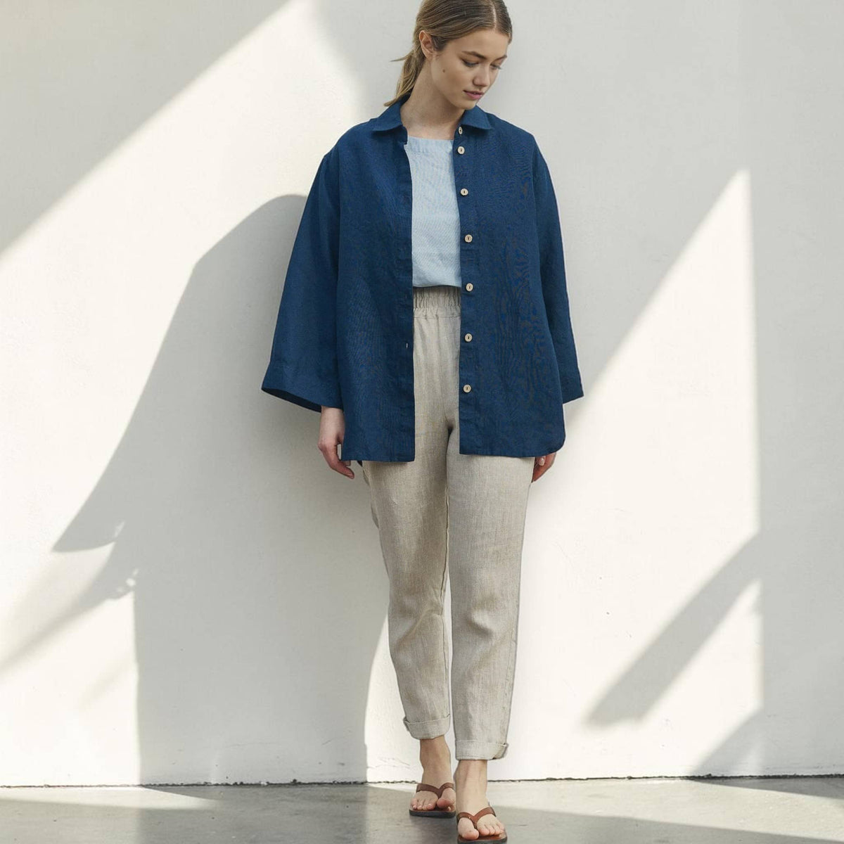 Oversized Linen Shirt, Button Front Wide Sleeve