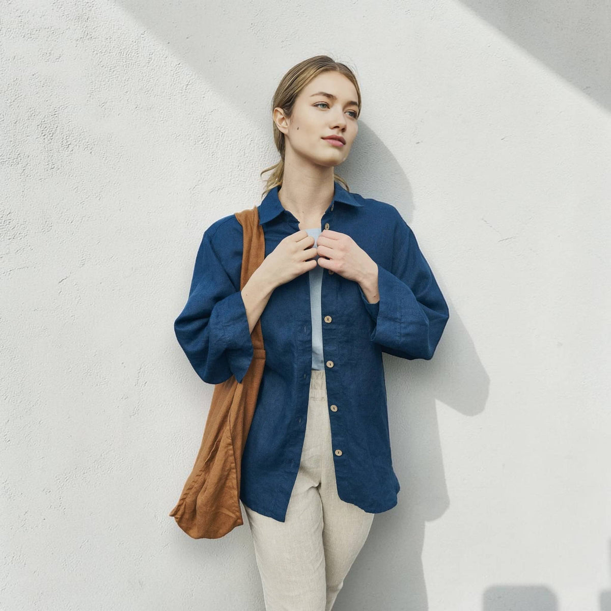 Oversized Linen Shirt, Button Front Wide Sleeve
