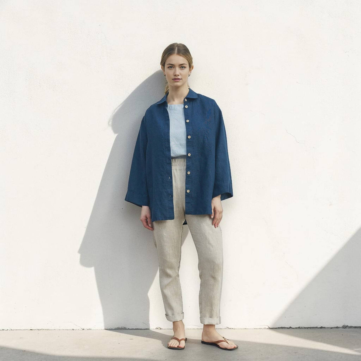 Oversized Linen Shirt, Button Front Wide Sleeve