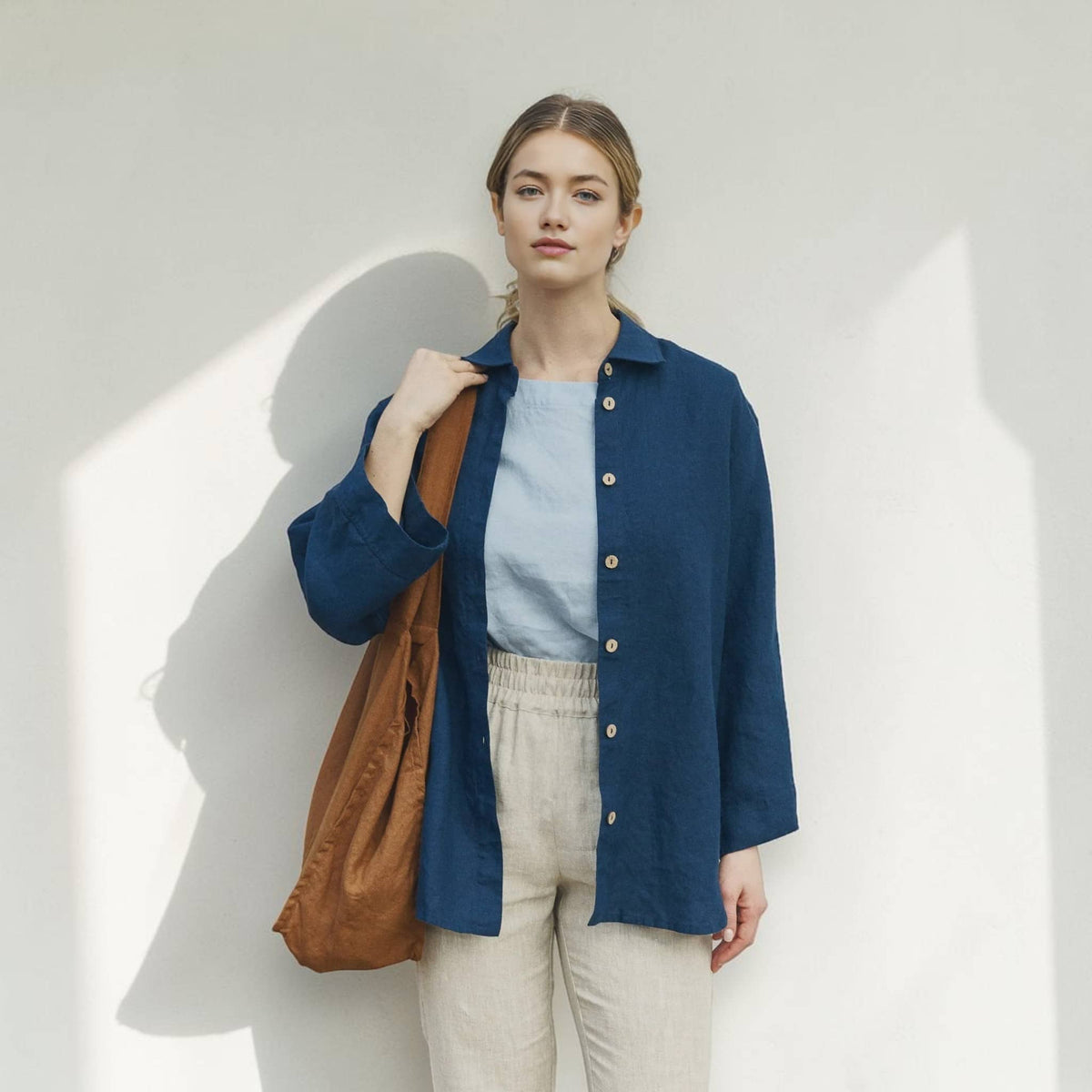 Oversized Linen Shirt, Button Front Wide Sleeve