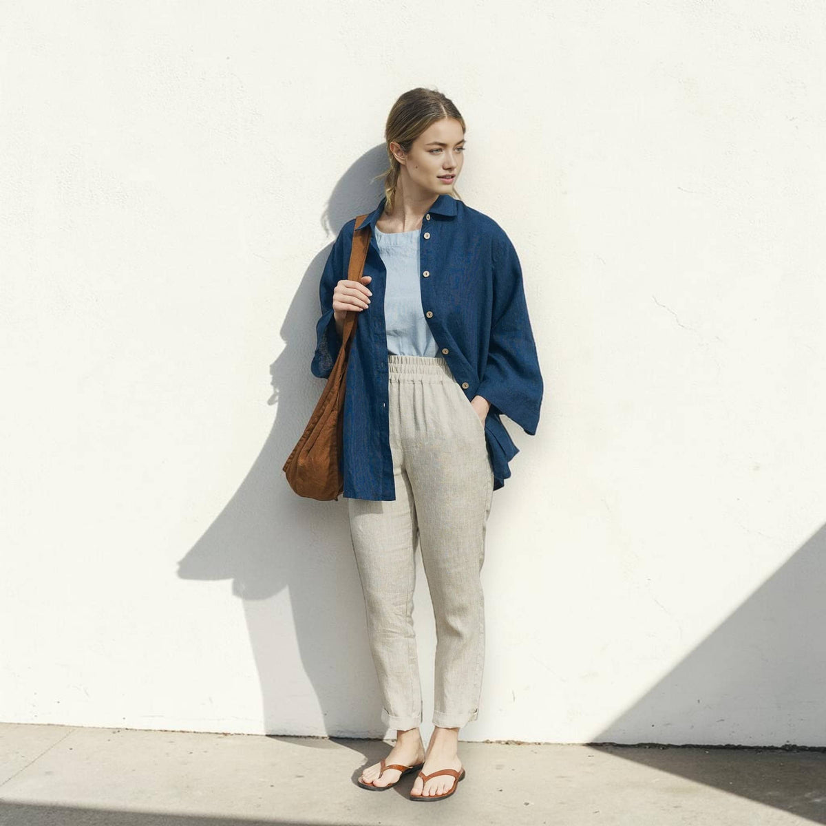 Oversized Linen Shirt, Button Front Wide Sleeve