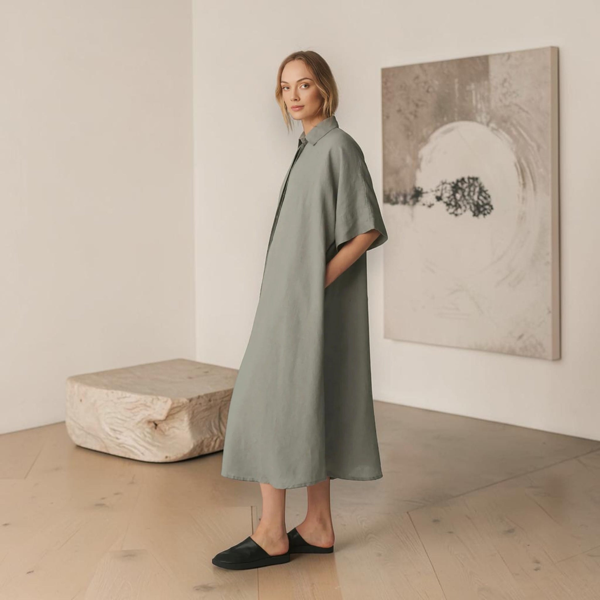 Oversized Linen Shirt Dress, Wide 3/4-Sleeve