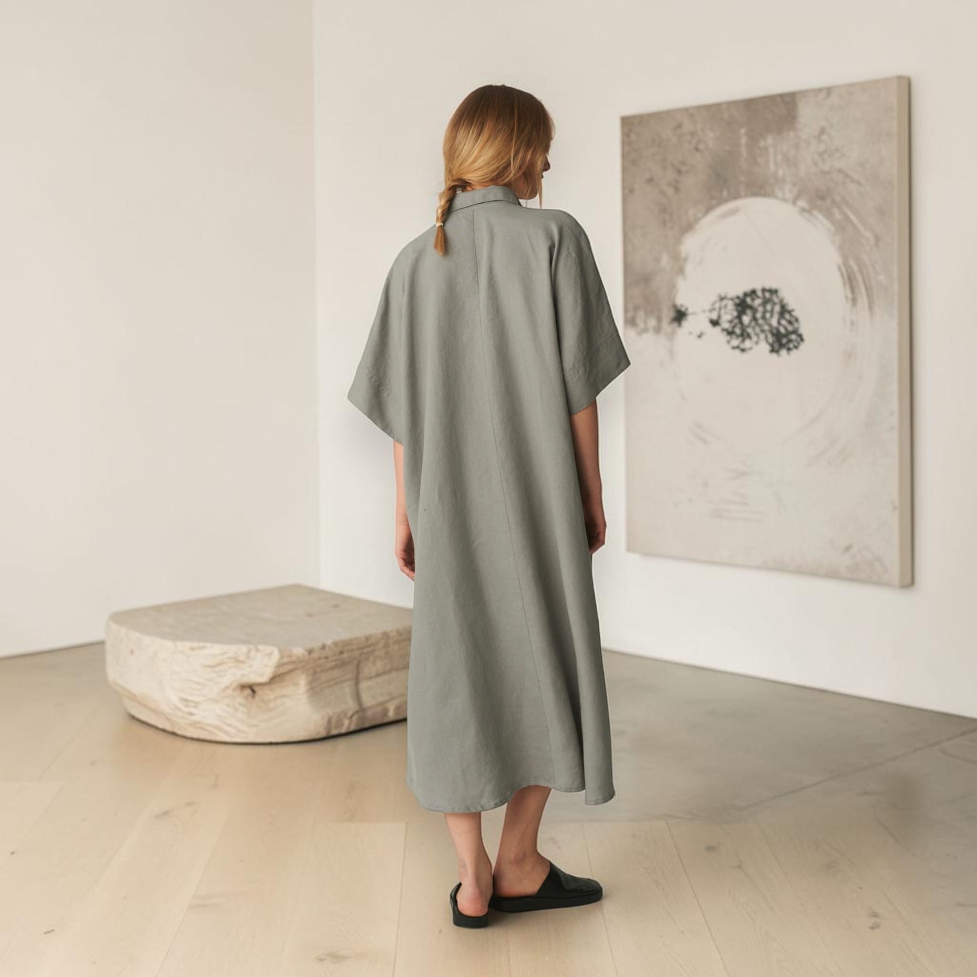 Oversized Linen Shirt Dress, Wide 3/4-Sleeve