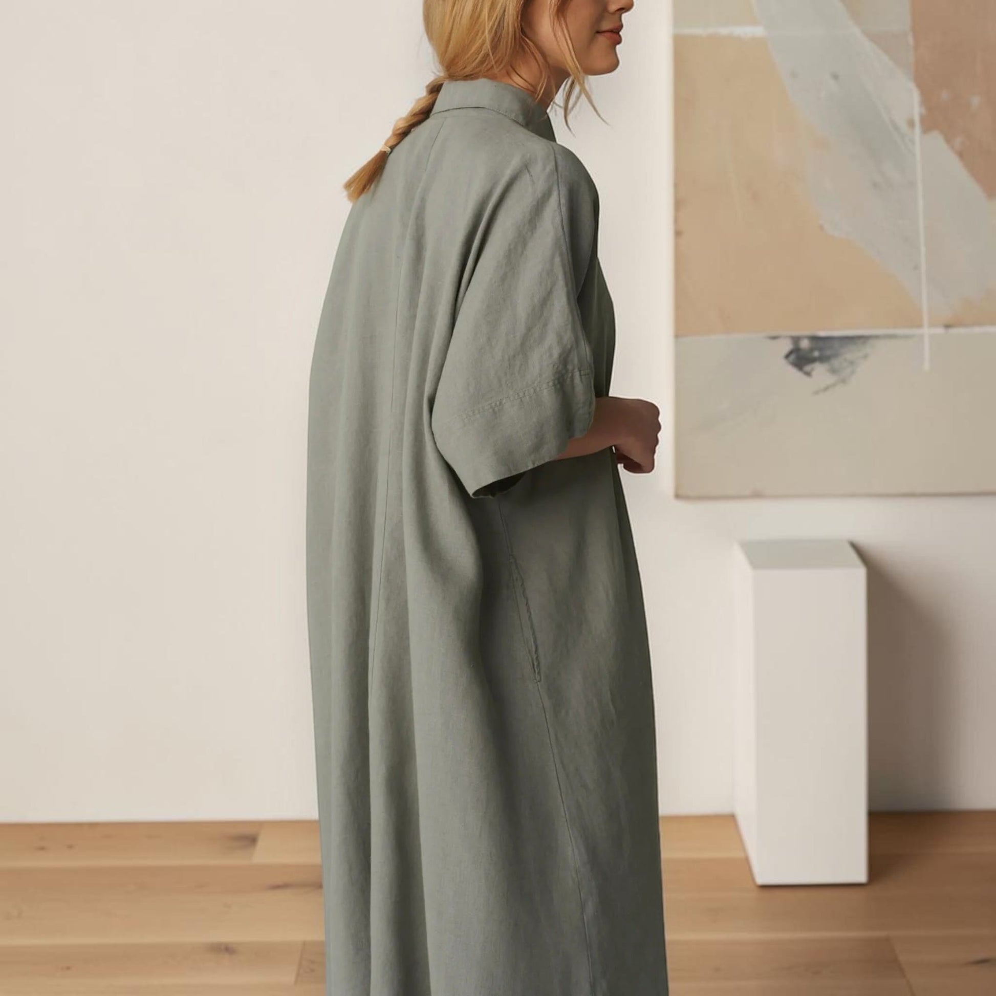Oversized Linen Shirt Dress, Wide 3/4-Sleeve