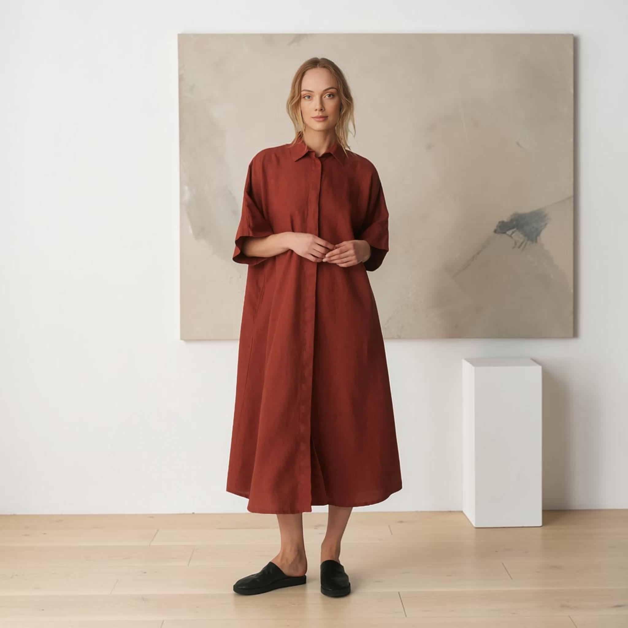 Oversized Linen Shirt Dress, Wide 3/4-Sleeve