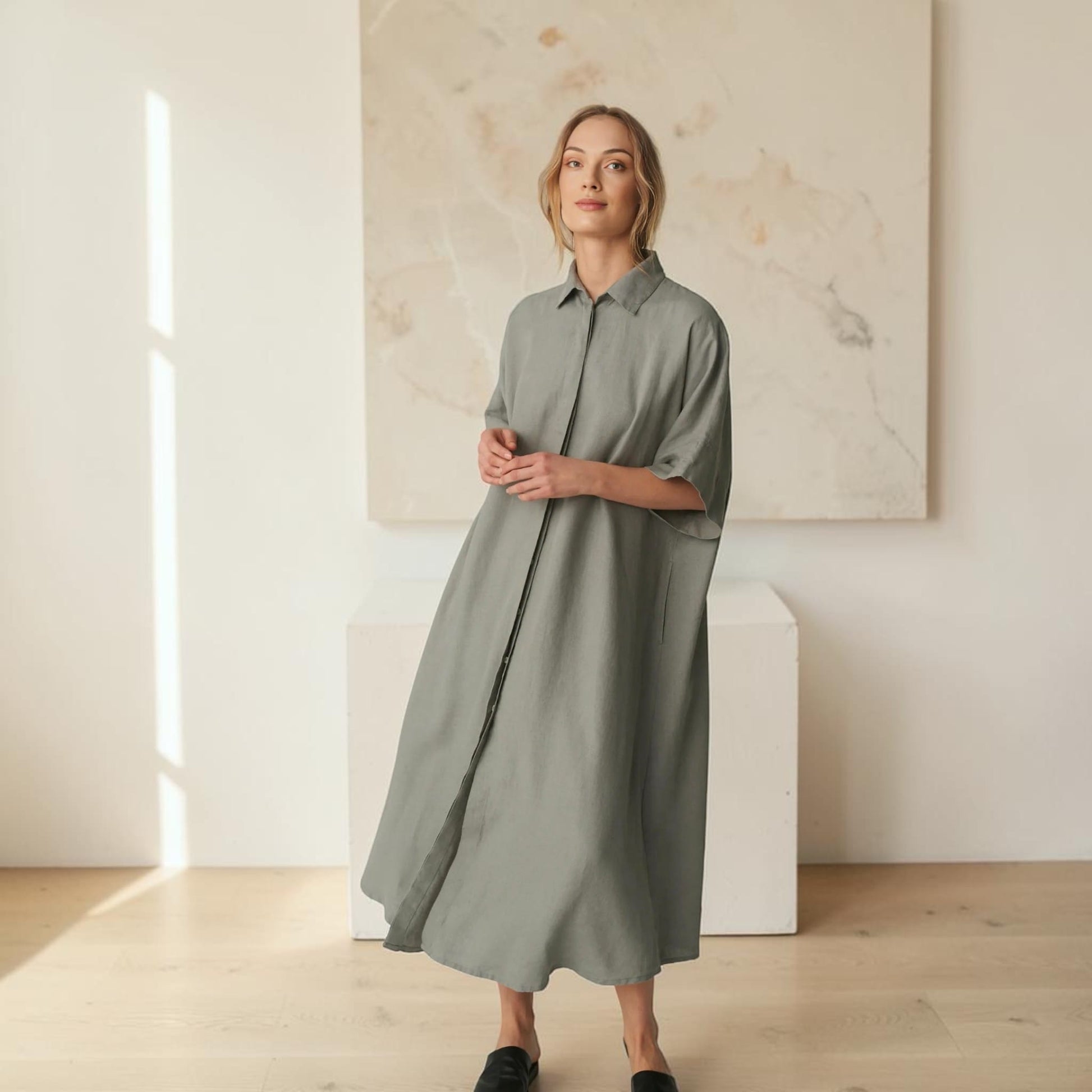 Oversized Linen Shirt Dress, Wide 3/4-Sleeve