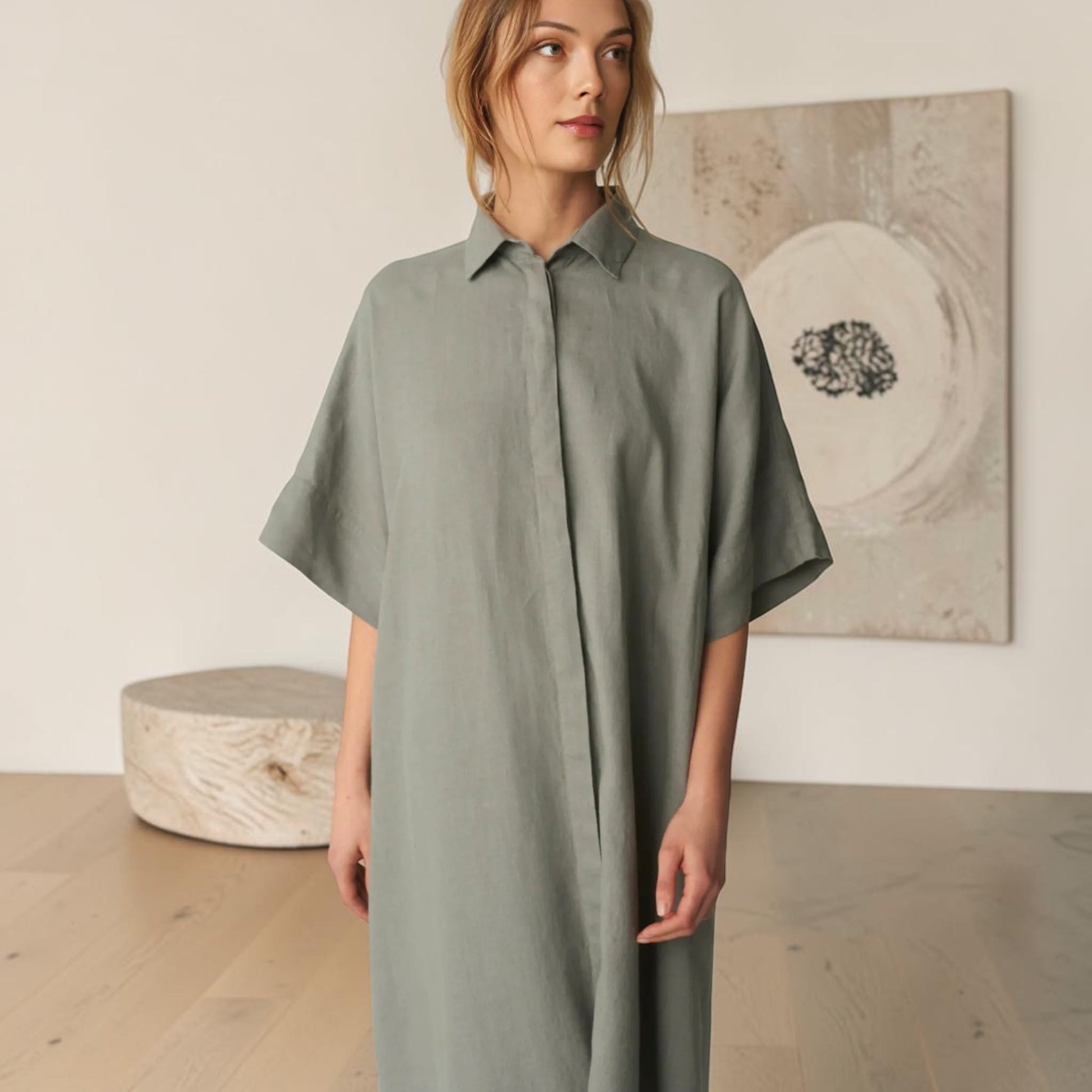 Oversized Linen Shirt Dress, Wide 3/4-Sleeve
