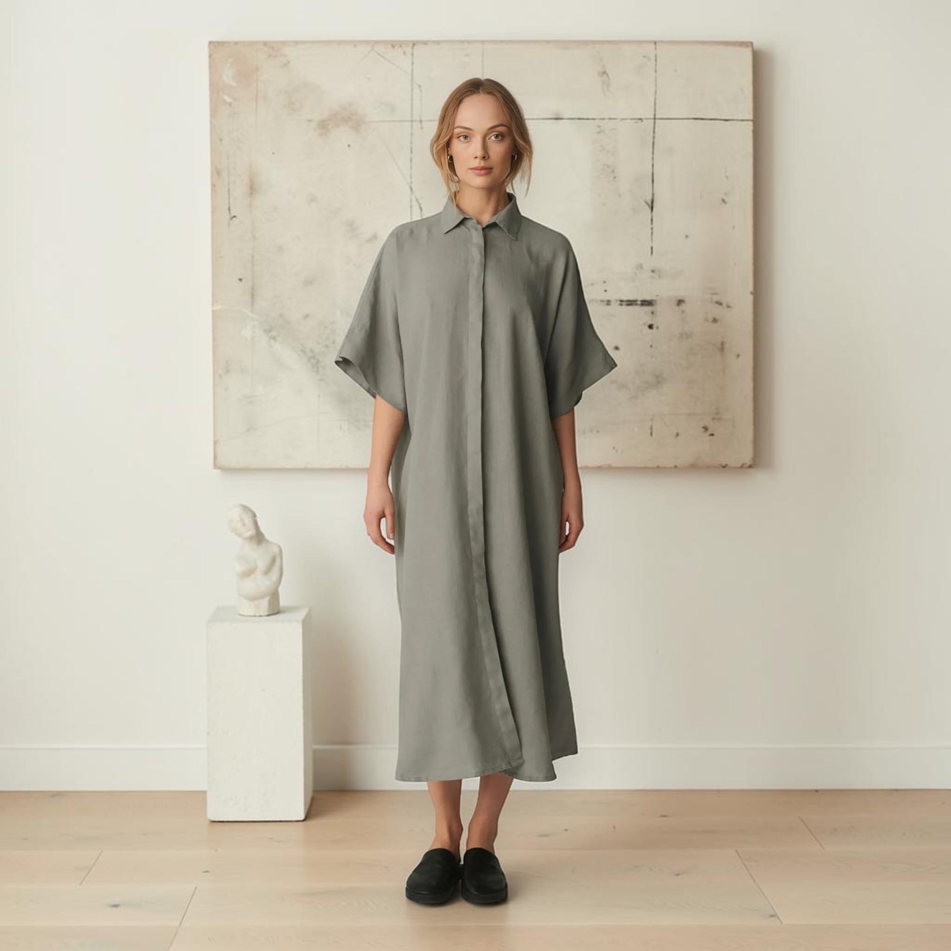 Oversized Linen Shirt Dress, Wide 3/4-Sleeve