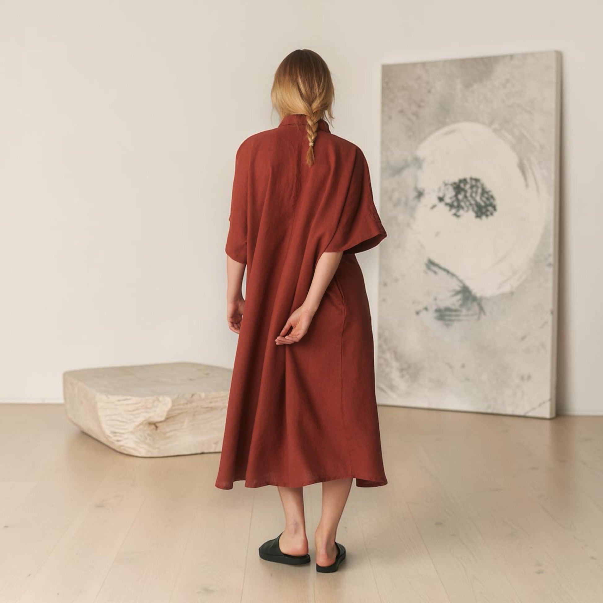 Oversized Linen Shirt Dress, Wide 3/4-Sleeve