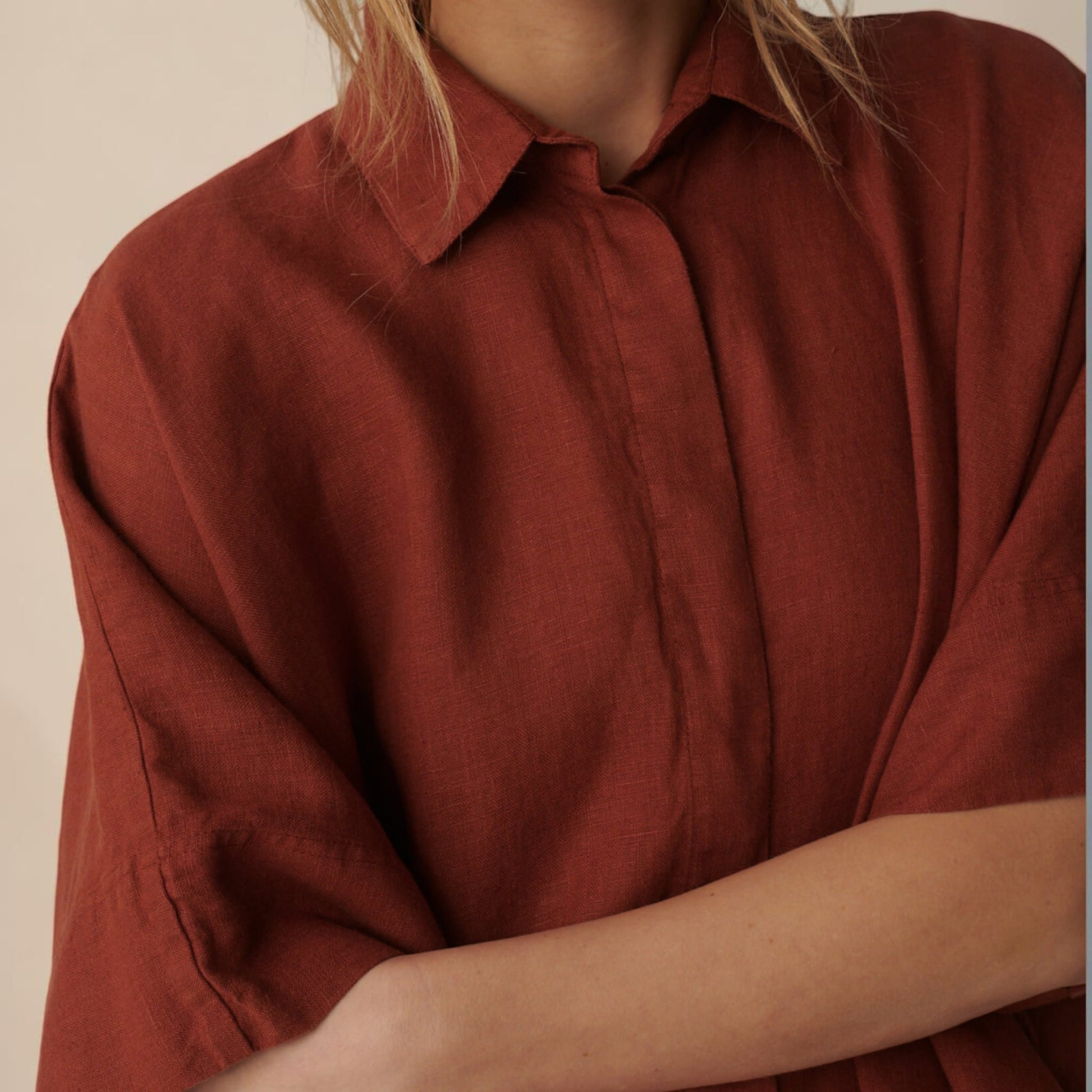 Oversized Linen Shirt Dress, Wide 3/4-Sleeve
