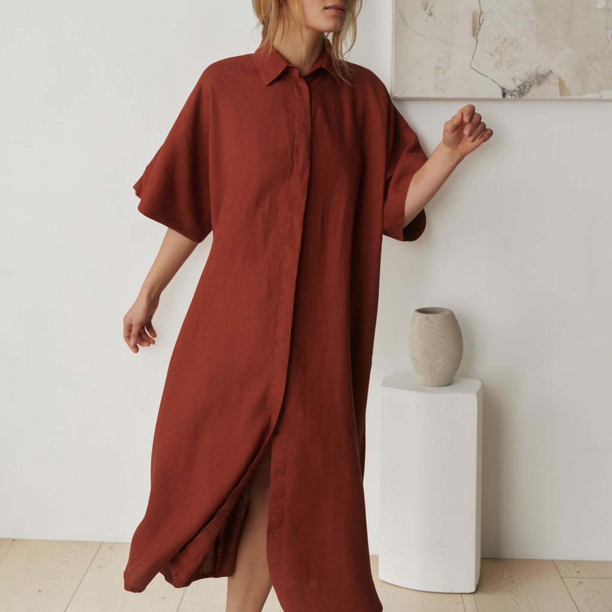 Oversized Linen Shirt Dress, Wide 3/4-Sleeve