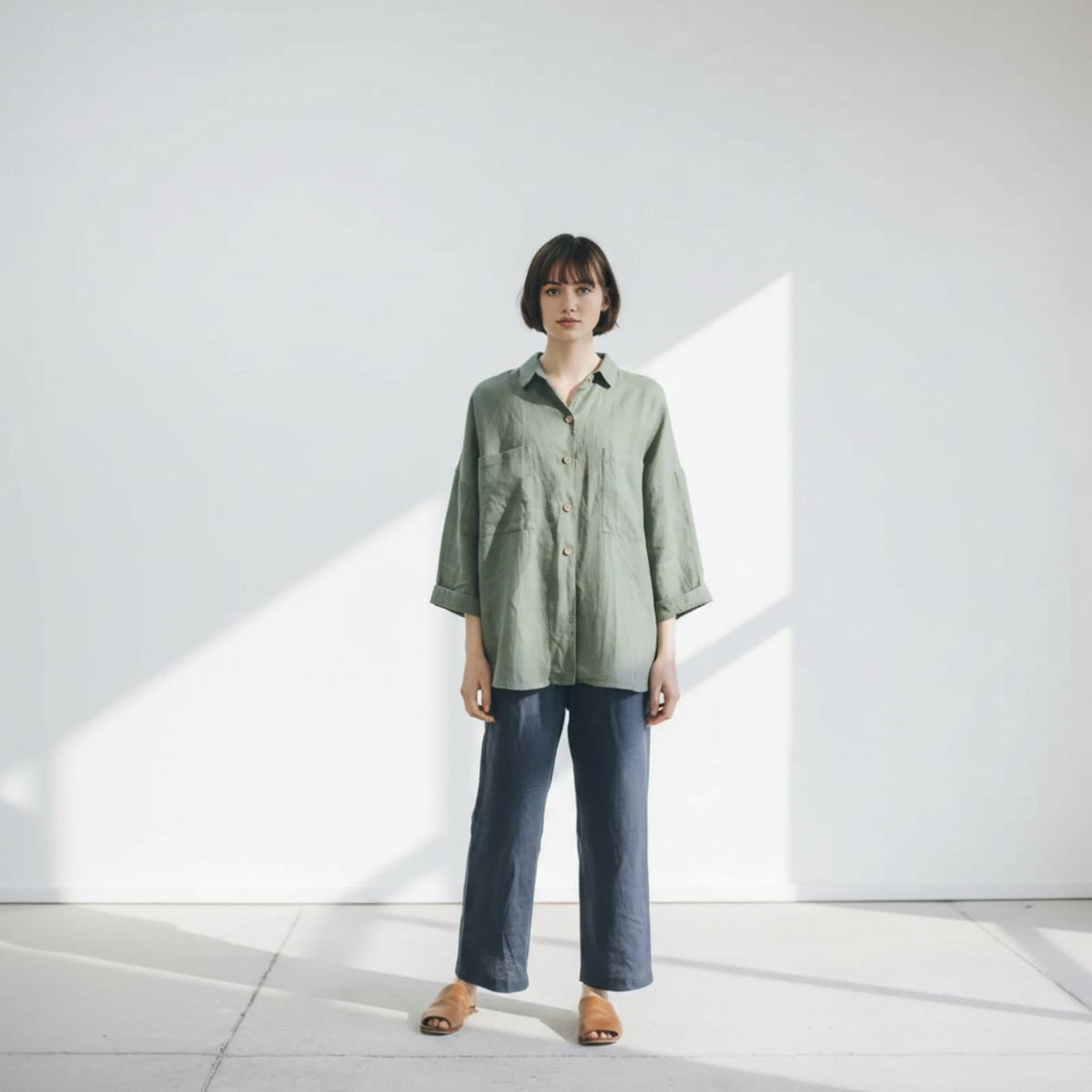Oversized Linen Shirt, Rolled 3/4 Sleeves Patch Pockets
