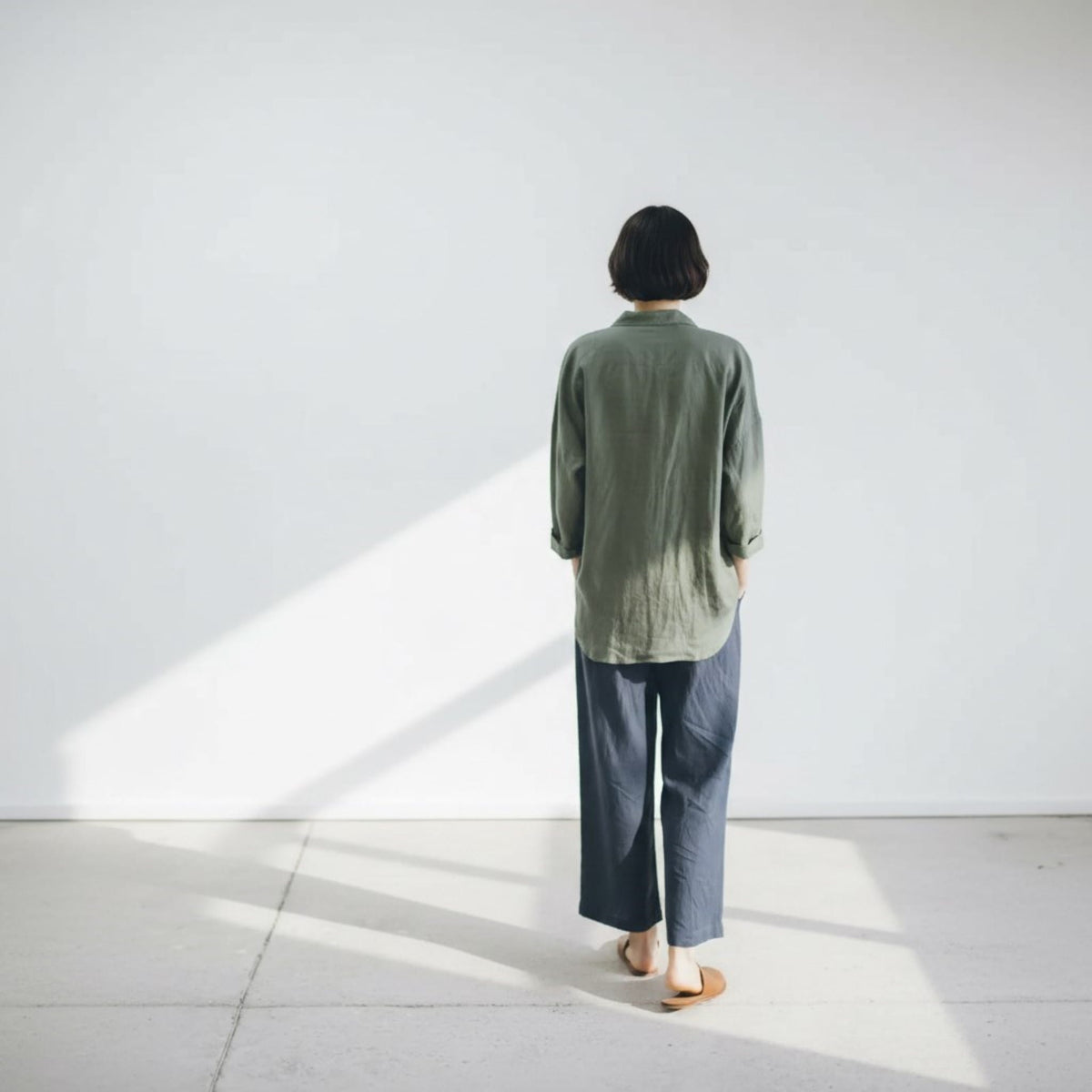 Oversized Linen Shirt, Rolled 3/4 Sleeves Patch Pockets