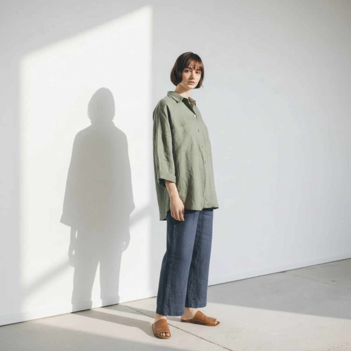 Oversized Linen Shirt, Rolled 3/4 Sleeves Patch Pockets