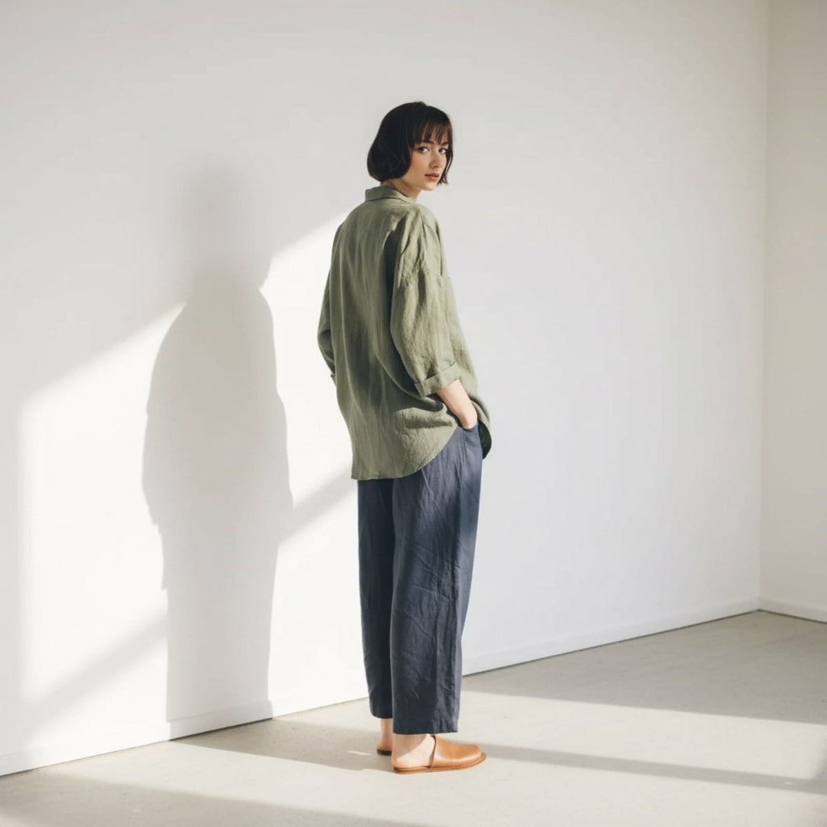 Oversized Linen Shirt, Rolled 3/4 Sleeves Patch Pockets
