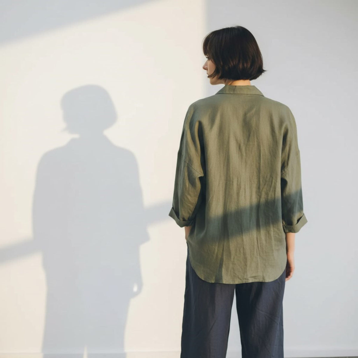 Oversized Linen Shirt, Rolled 3/4 Sleeves Patch Pockets