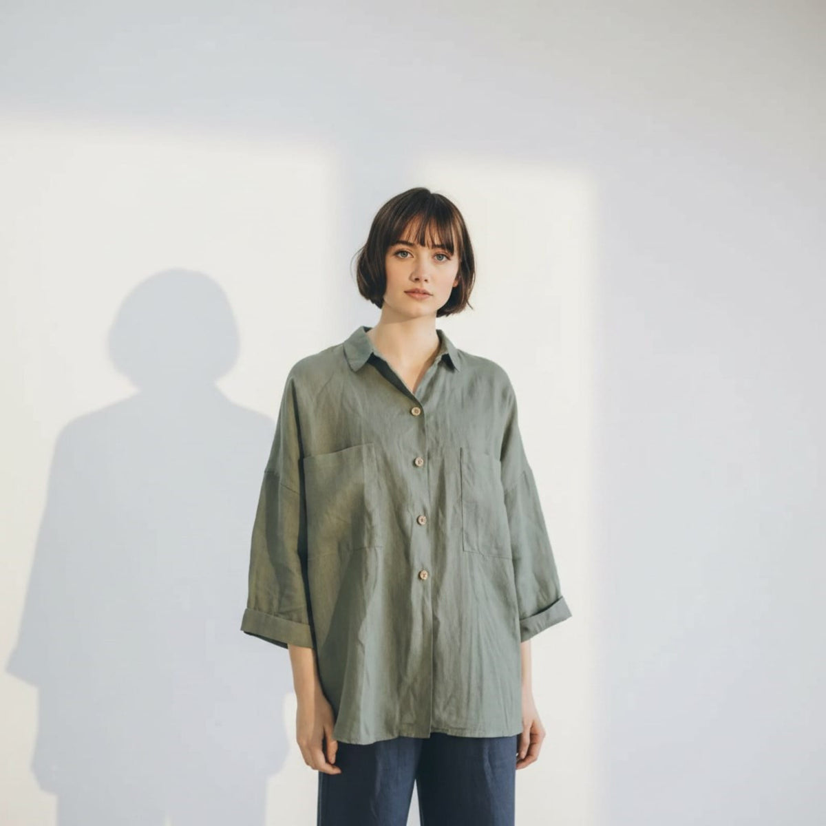 Oversized Linen Shirt, Rolled 3/4 Sleeves Patch Pockets