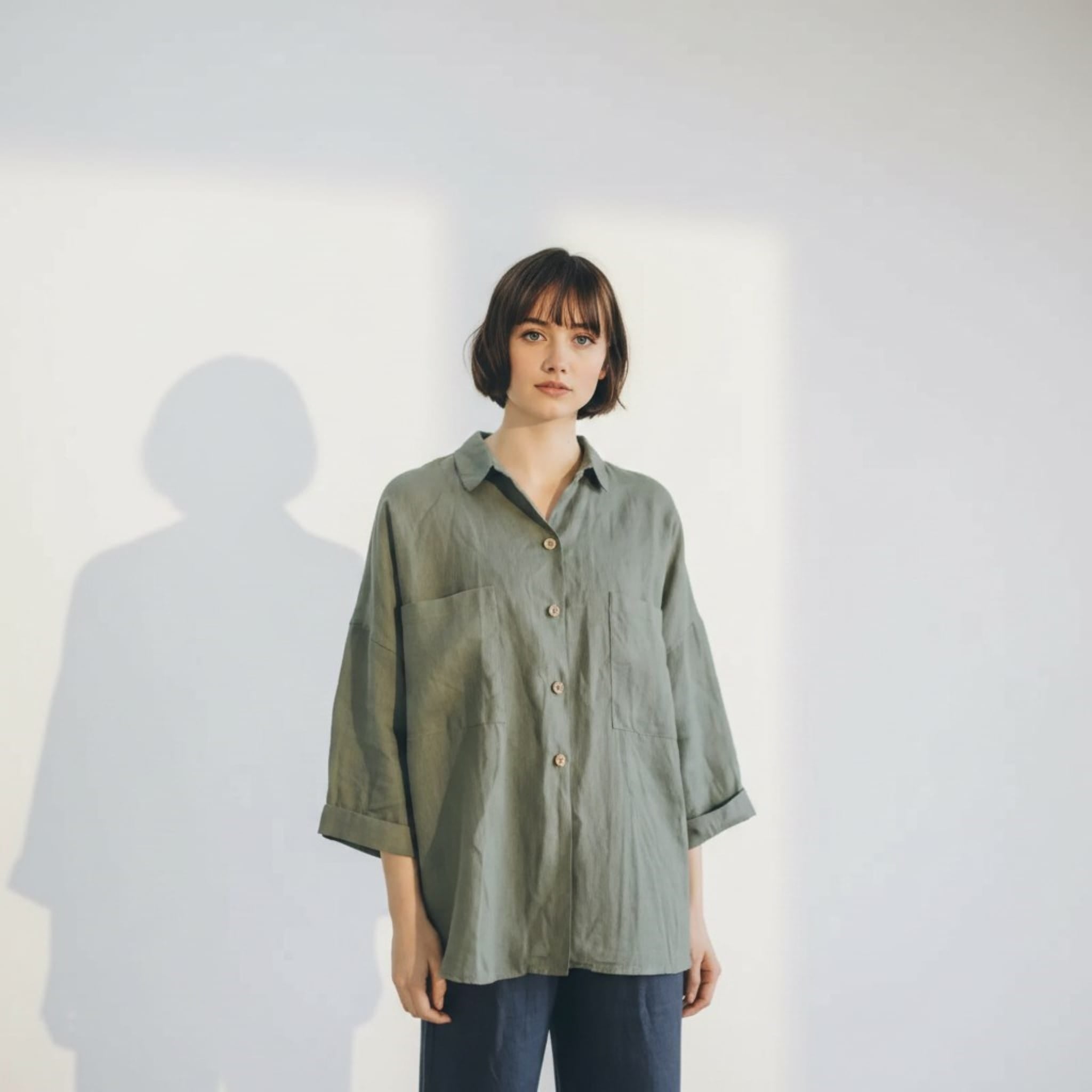 Oversized Linen Shirt, Rolled 3/4 Sleeves Patch Pockets
