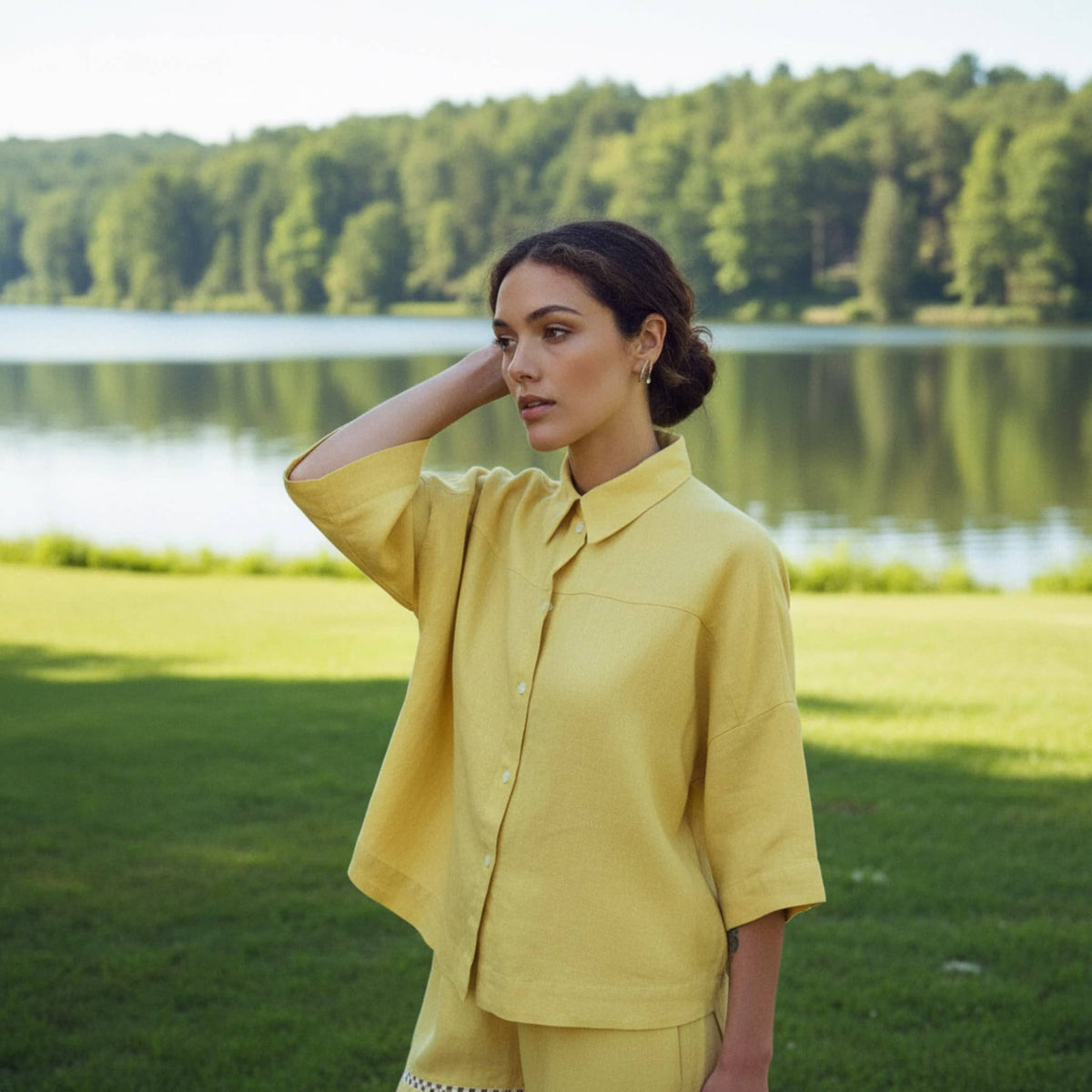 Oversized Linen Shirt, Wide 3/4 Sleeve