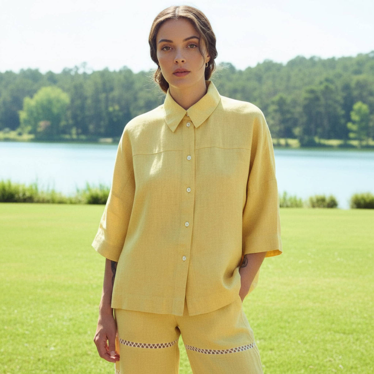 Oversized Linen Shirt, Wide 3/4 Sleeve