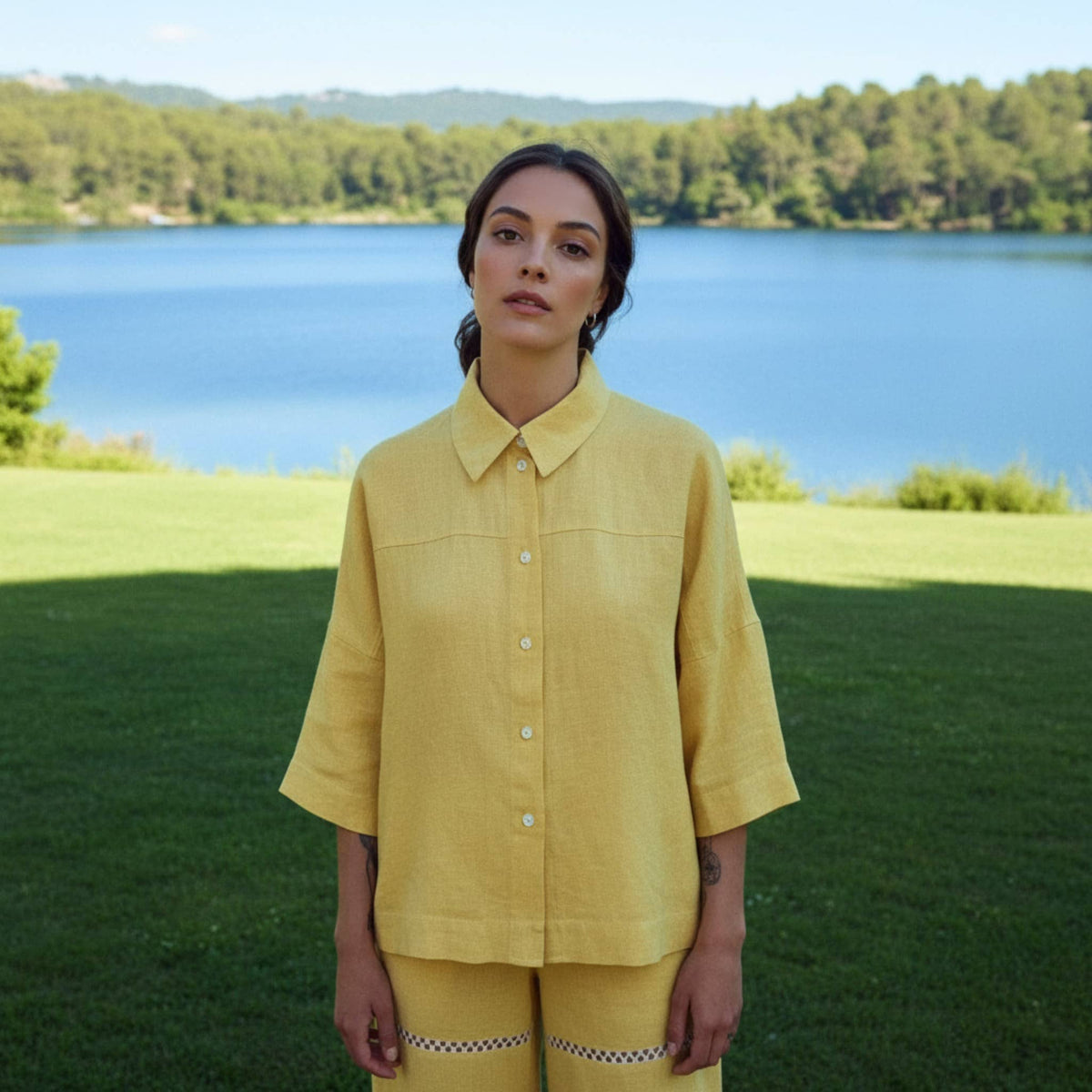 Oversized Linen Shirt, Wide 3/4 Sleeve