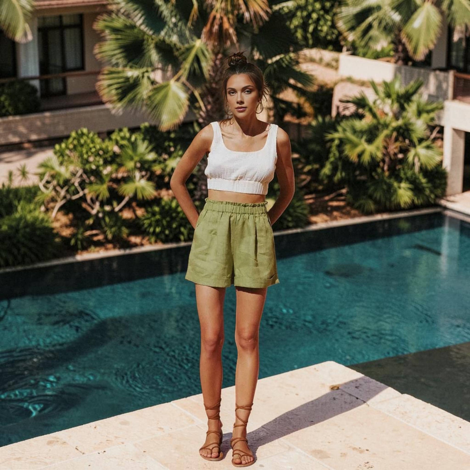 Paperbag Linen Shorts, Side Pockets Cuffed Hem
