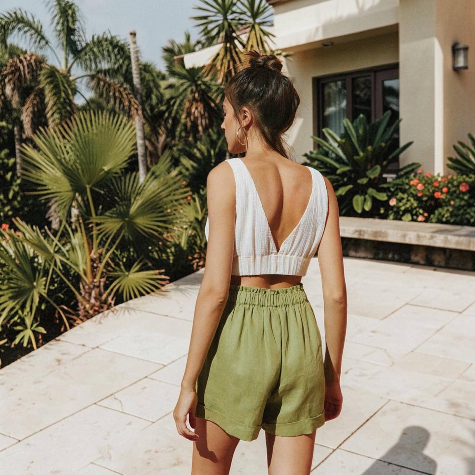 Paperbag Linen Shorts, Side Pockets Cuffed Hem