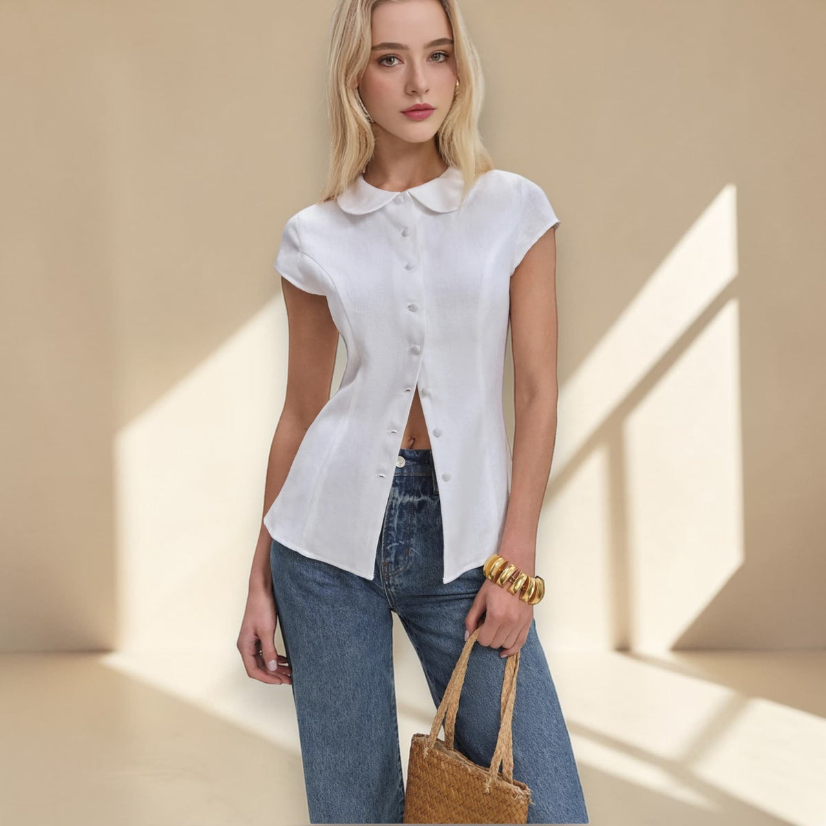 Peter Pan Collar Blouse, Cap Sleeve Linen Shirt