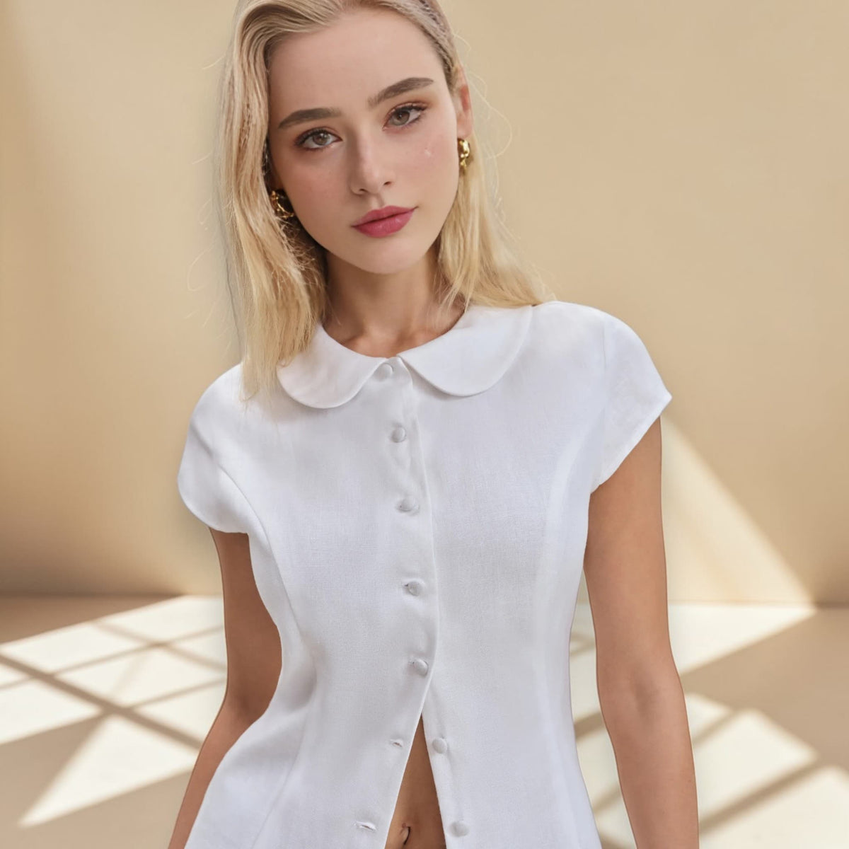 Peter Pan Collar Blouse, Cap Sleeve Linen Shirt