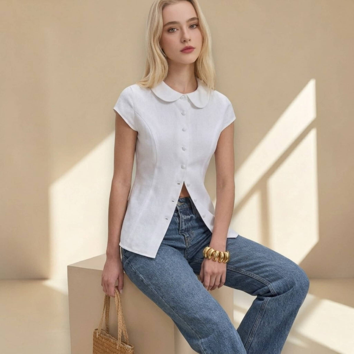 Peter Pan Collar Blouse, Cap Sleeve Linen Shirt